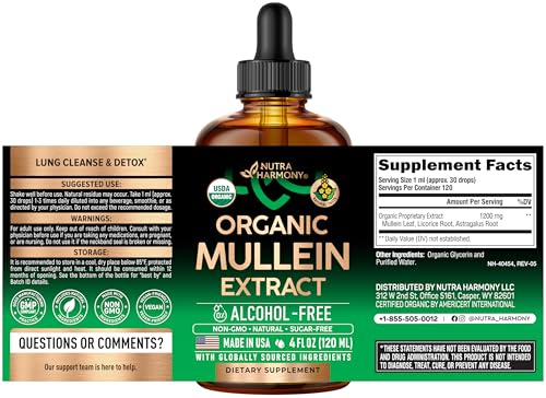 Mullein Drops for Lungs - USDA Organic Liquid - Mullein Leaf Extract Supplement - Made in USA - Lung & Bronchial Cleanse for Smokers - Respiratory Health Support - As Tincture, Tea, Pills - Pack of 2