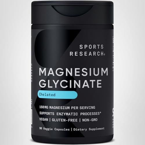 Sports Research® Magnesium Glycinate - Supports Restful Sleep & Enzymatic Processes - 160 mg Chelated Magnesium - Vegan Capsule - 90 Count