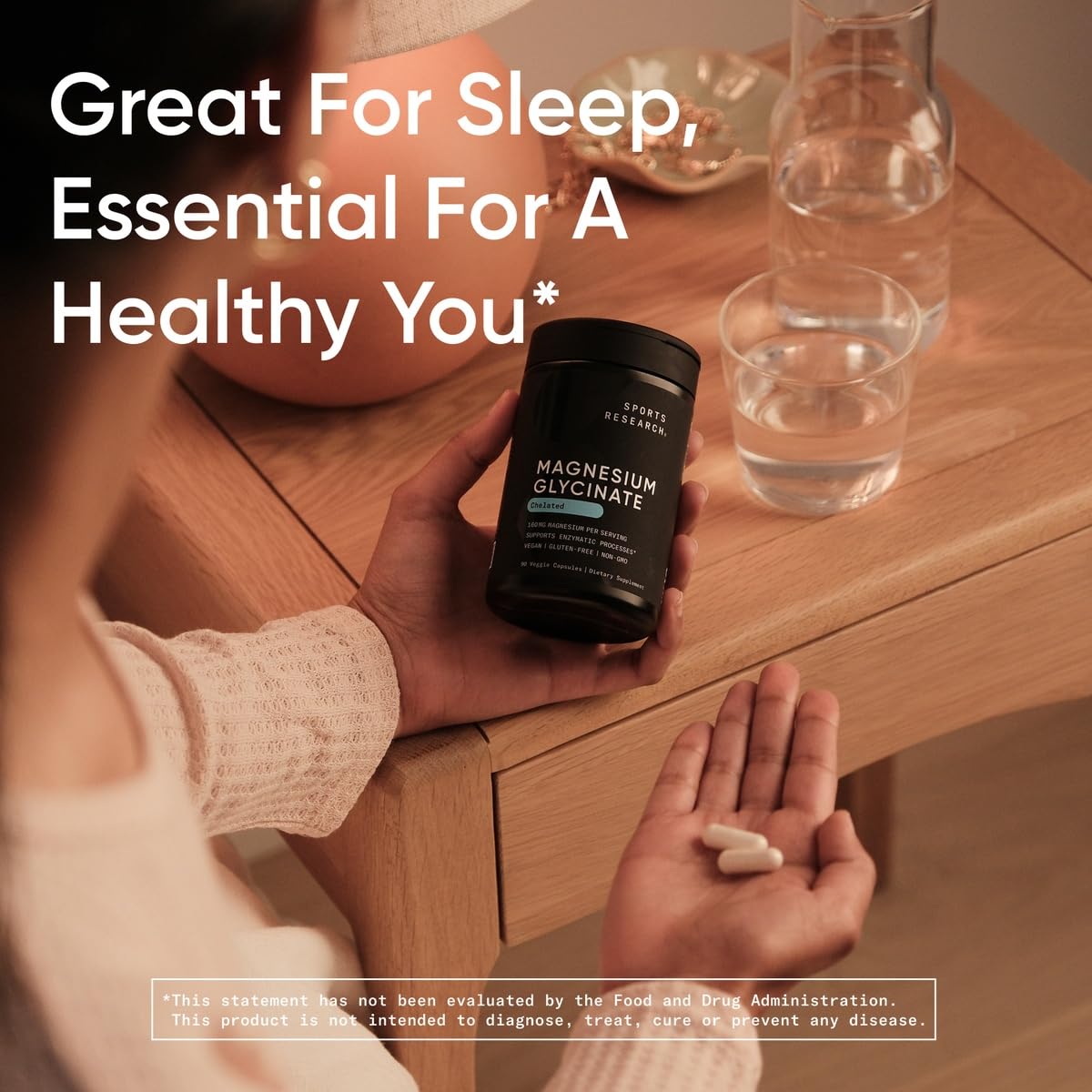 Sports Research® Magnesium Glycinate - Supports Restful Sleep & Enzymatic Processes - 160 mg Chelated Magnesium - Vegan Capsule - 90 Count