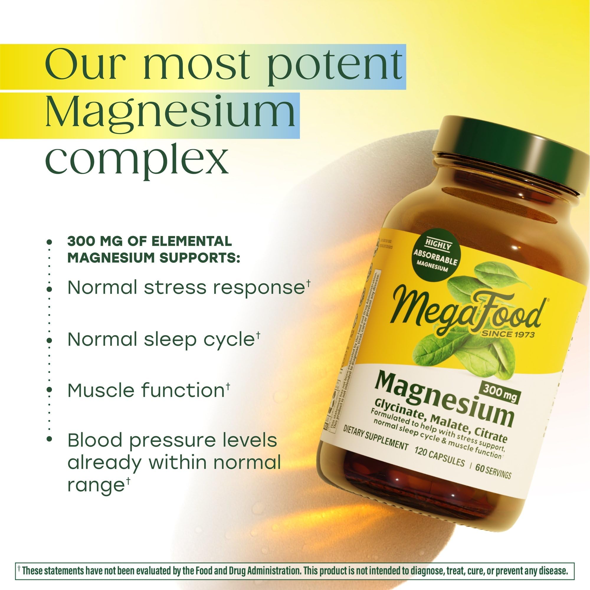 MegaFood Magnesium Glycinate, Citrate, Malate 300mg Supplement - Highly Absorbable Blend to Support Heart, Nerve Health & Relaxation, Triple Magnesium Complex Supplement, 60 Capsules (30 Servings)