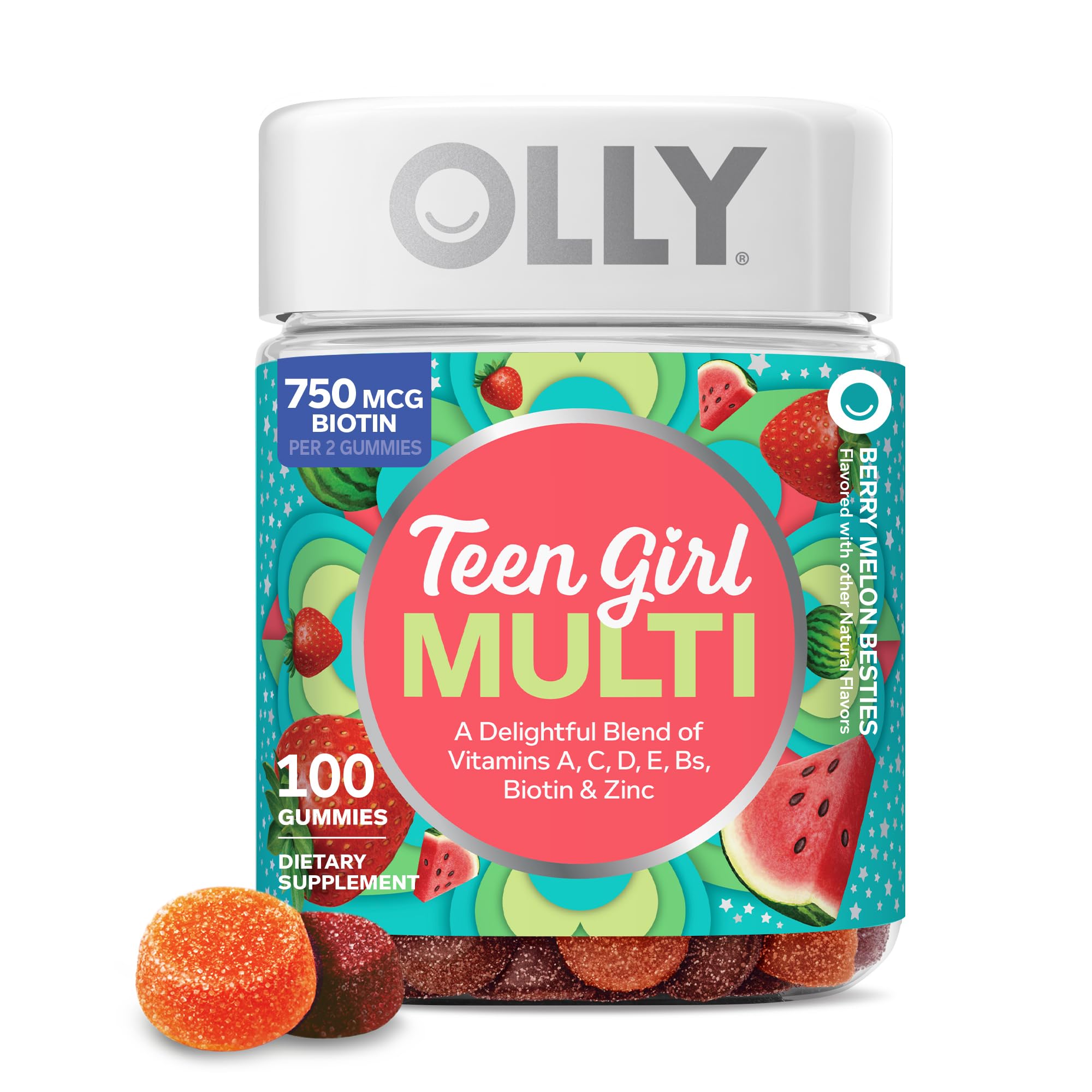 OLLY Teen Girl Multi Gummy, Healthy Skin and Immune Support*, Essential Vitamins, Biotin, Zinc, Chewable Multivitamin, Strawberry Melon Flavored, 50 Day Supply - 100 Count