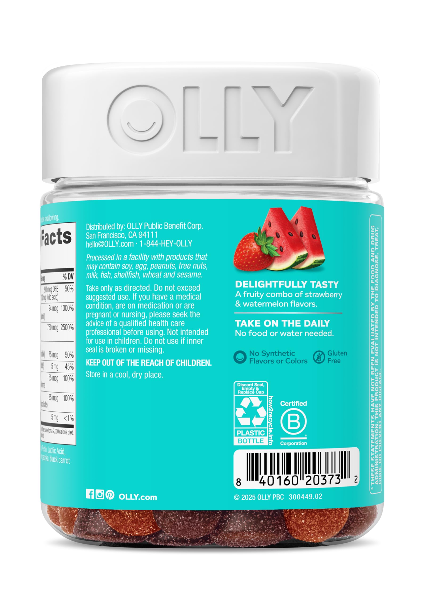 OLLY Teen Girl Multi Gummy, Healthy Skin and Immune Support*, Essential Vitamins, Biotin, Zinc, Chewable Multivitamin, Strawberry Melon Flavored, 50 Day Supply - 100 Count