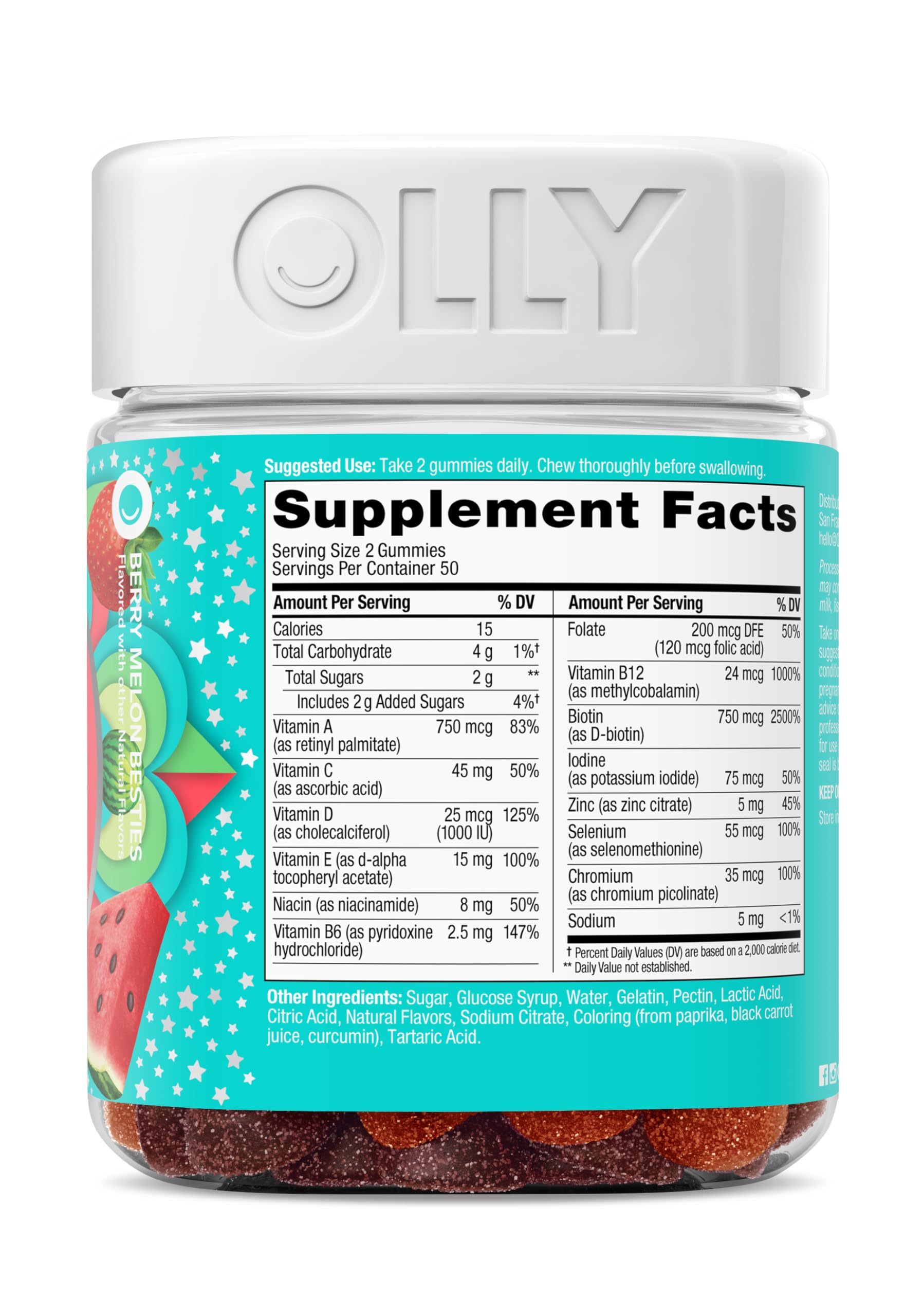 OLLY Teen Girl Multi Gummy, Healthy Skin and Immune Support*, Essential Vitamins, Biotin, Zinc, Chewable Multivitamin, Strawberry Melon Flavored, 50 Day Supply - 100 Count