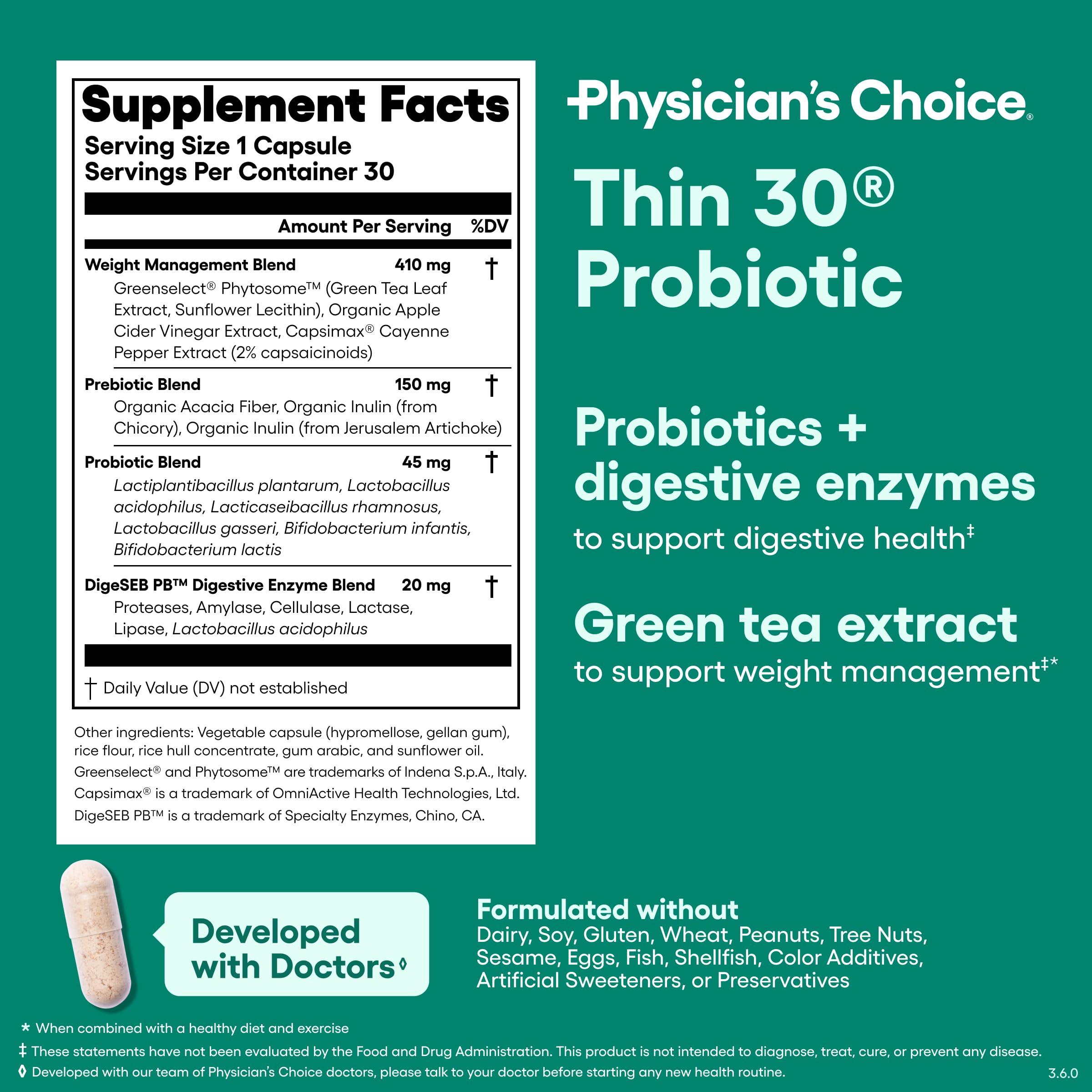 Physician's CHOICE Probiotics for Weight Management & Bloating - 6 Probiotic Strains - Prebiotics - Key ingredient Cayenne - Supports Gut Health - Weight Management for Women & Men - Green Tea - 30 CT