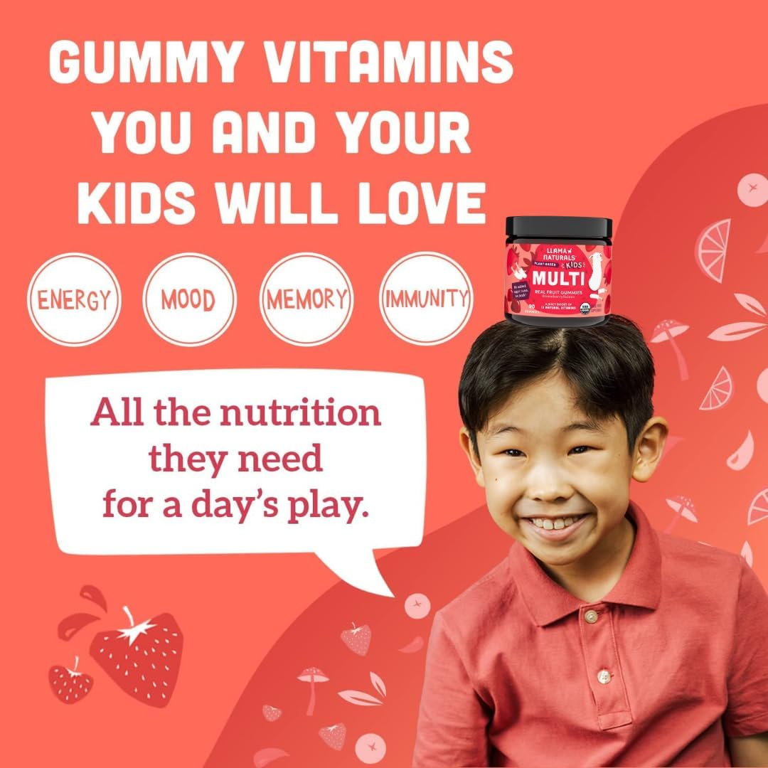 Llama Naturals Kids Multivitamin Gummies | Real Fruit, No Added Sugar Cane | Organic Vegan Toddler Whole Food Vitamins | Vitamin D, C & Beta Carotene Gummy Supplement | Strawberry 90 Ct (1-2 Months)