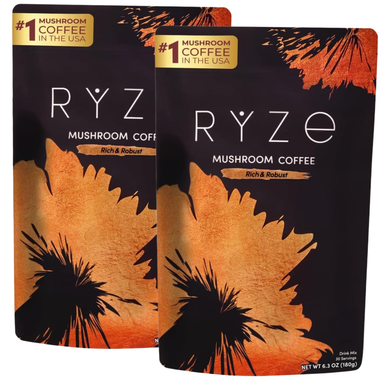 RYZE SUPERFOODS Mushroom Dark Roast Coffee Starter Kit, Instant Coffee with 6 Adaptogenic Mushrooms and Better Energy, Focus, Digestion, Immunity with Lions Mane & Turkey Tail 30 Serving Each