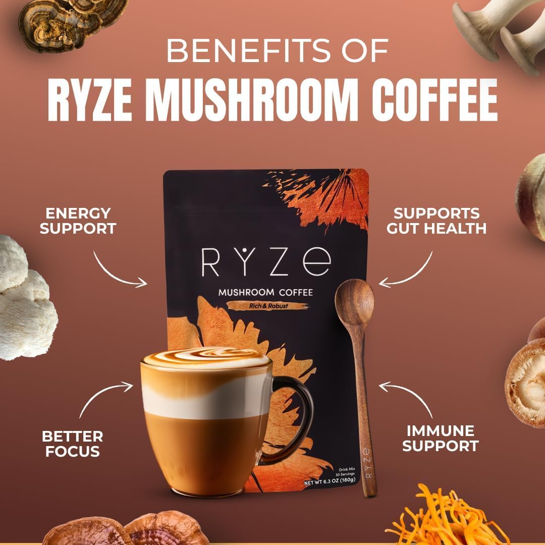 RYZE SUPERFOODS Mushroom Dark Roast Coffee Starter Kit, Instant Coffee with 6 Adaptogenic Mushrooms and Better Energy, Focus, Digestion, Immunity with Lions Mane & Turkey Tail 30 Serving Each