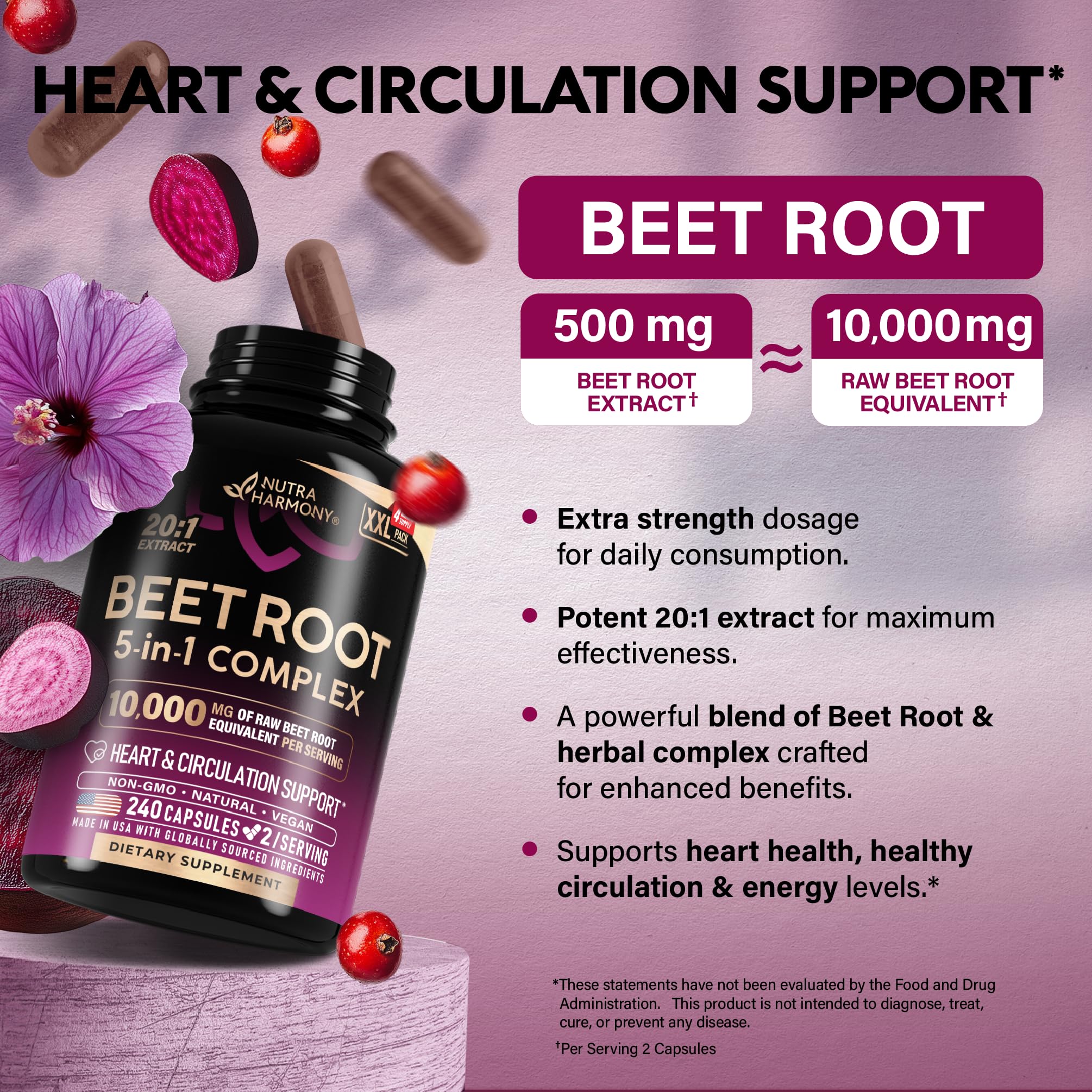 Beet Root 5-in-1 Complex Capsules - Healthy Blood Pressure Support Supplement** for Heart & Circulation Support - with Hawthorn Berry, Hibiscus & Garlic - for Men & Women - Made in USA, 240 Capsules