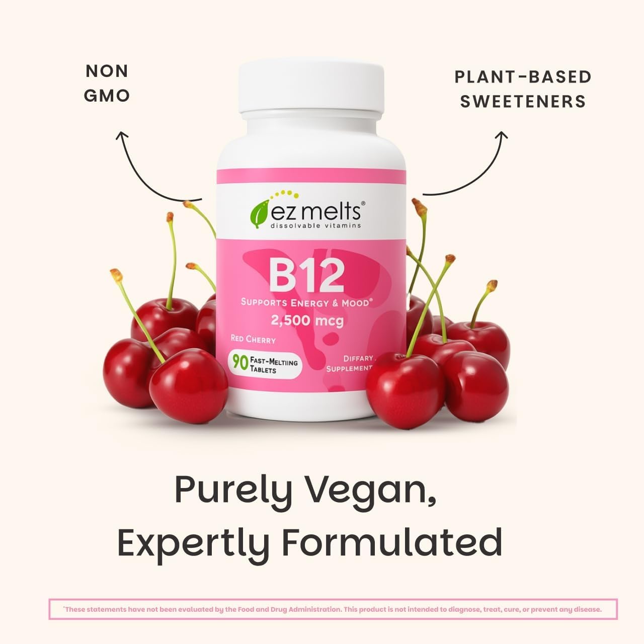 EZ Melts Dissolvable B12 2,500 mcg - Vitamin B12 for Energy & Immune Support - Non-GMO, Vegan & Gluten-Free - Red Cherry - 180 Sublingual Tablets (180 Servings)