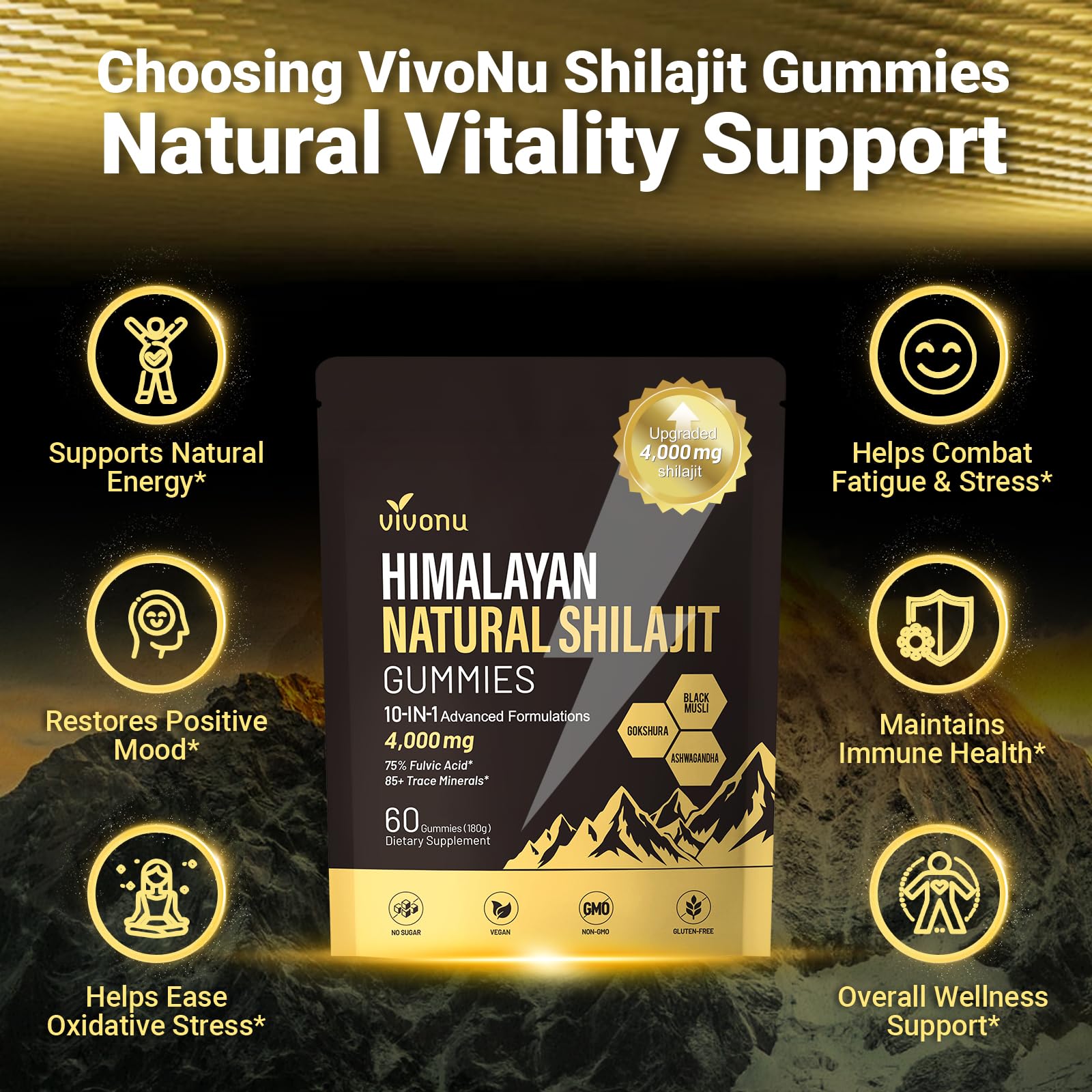 Shilajit for Men & Women Gummies | 4000mg High Potency 10-in-1 Formula with Pure Himalayan Shilajit, Ashwagandha, and 75% Fulvic Acid | Sugar-Free Vegan, 85+ Trace Minerals