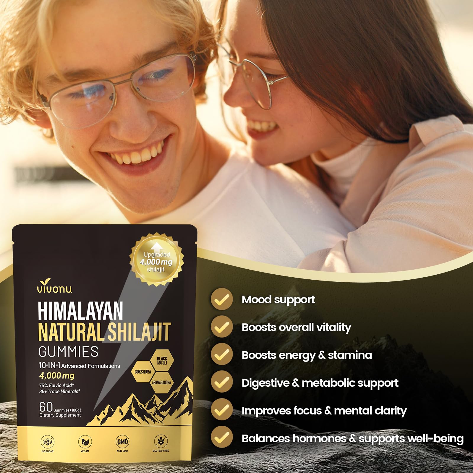 Shilajit for Men & Women Gummies | 4000mg High Potency 10-in-1 Formula with Pure Himalayan Shilajit, Ashwagandha, and 75% Fulvic Acid | Sugar-Free Vegan, 85+ Trace Minerals