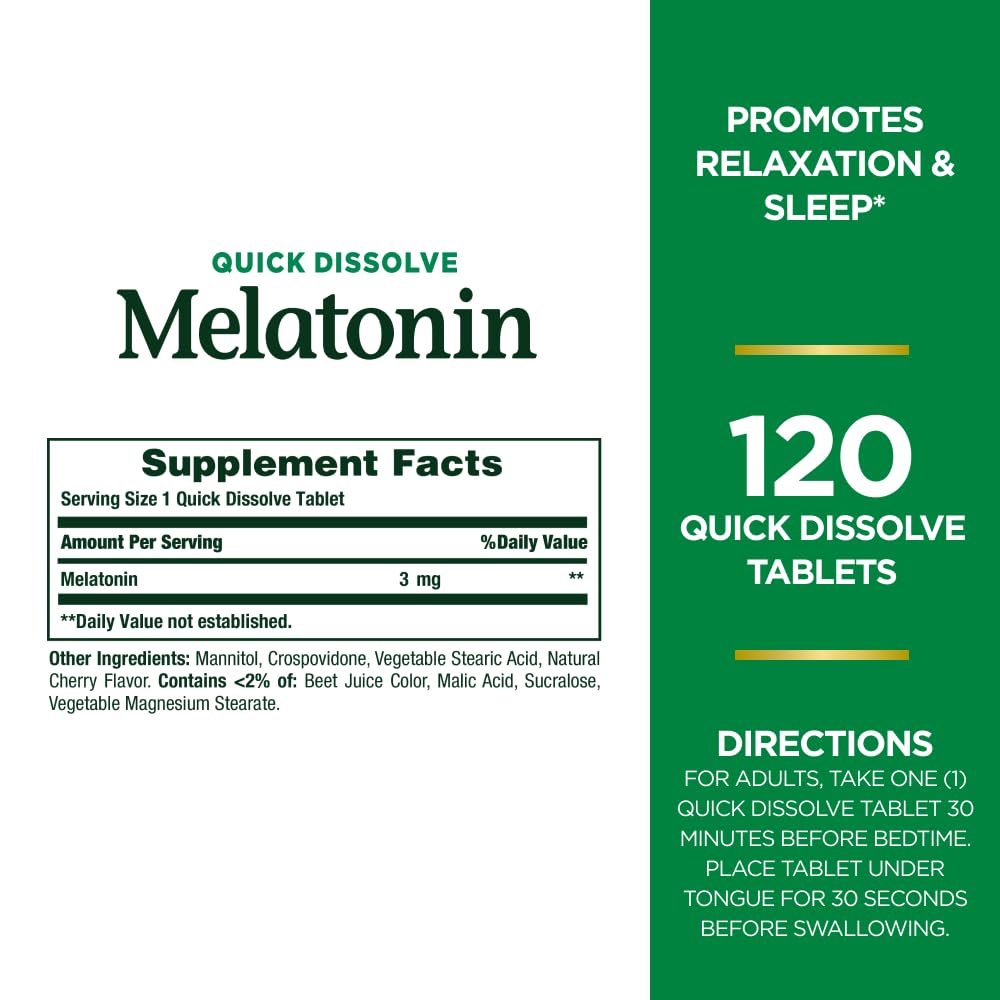 Nature's Bounty Melatonin, Promotes Relaxation & Sleep, 100% Drug Free Sleep Aid, 3 mg, 120 Quick Dissolve Tablets (Pack of 3)