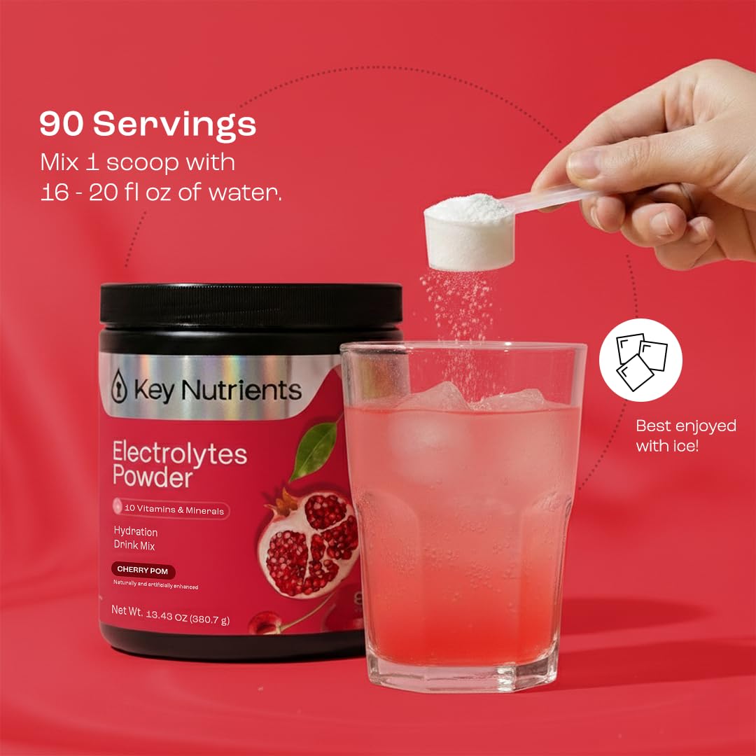 KEY NUTRIENTS Multivitamin Electrolytes Powder No Sugar - Sweet Cherry Pom Electrolyte Powder - Endurance & Energy Supplement - Hydration Powder - No Calories - 90 Servings - Made in USA