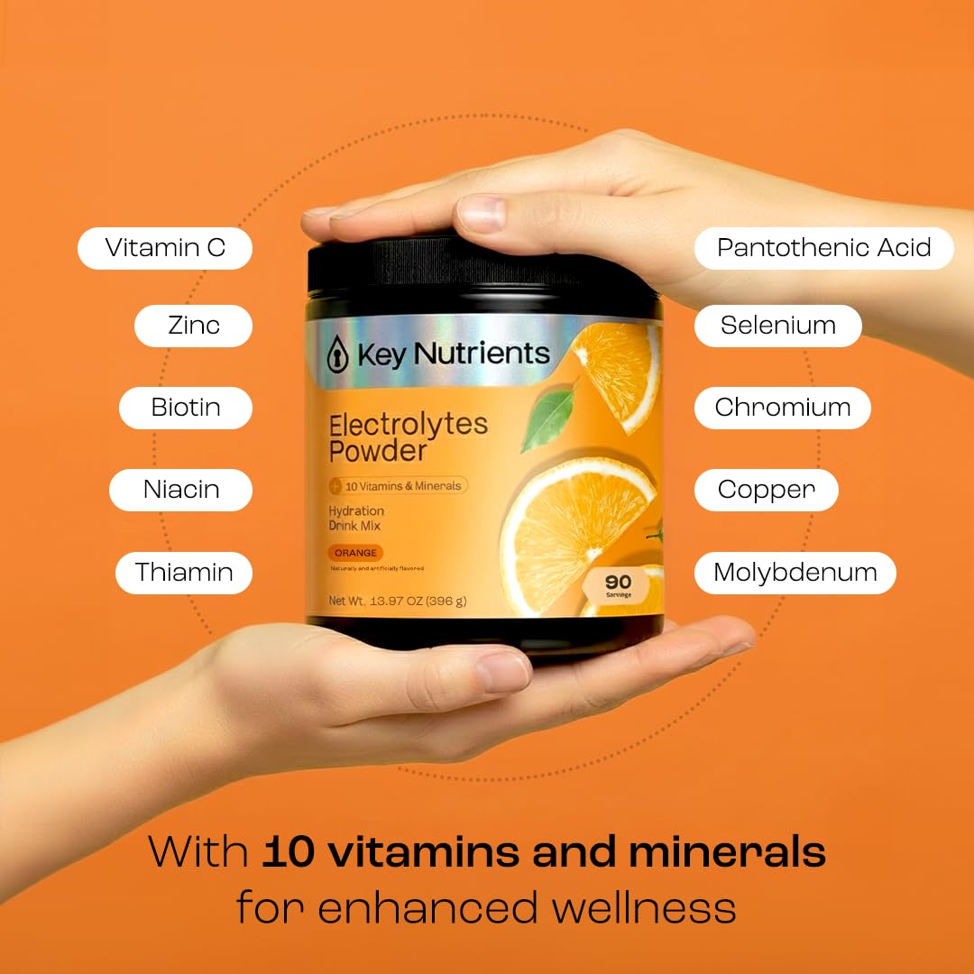 KEY NUTRIENTS Multivitamin Electrolytes Powder No Sugar - Tangy Orange Electrolyte Powder - Endurance & Energy Supplement - Hydration Powder - No Calories - 90 Servings - Made in USA