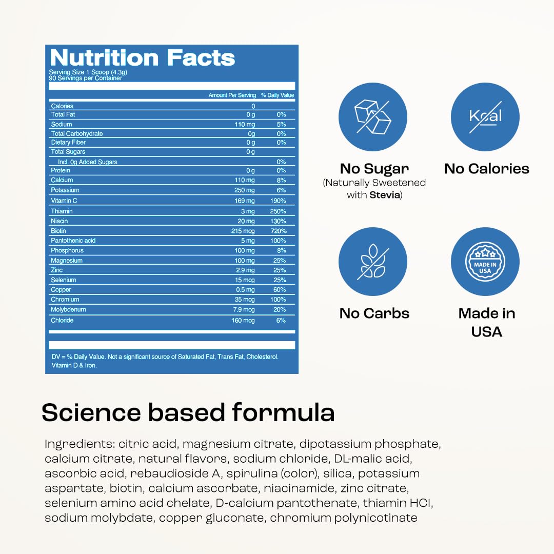 KEY NUTRIENTS Multivitamin Electrolytes Powder No Sugar - Sweet Blue Raspberry Electrolyte Powder - Endurance & Energy Supplement - Hydration Powder - No Calories - 90 Servings - Made in USA