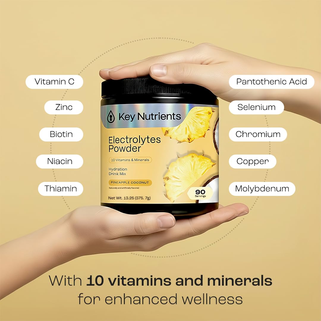 KEY NUTRIENTS Multivitamin Electrolytes Powder No Sugar - Tropical Pineapple Coconut Electrolyte Powder - Endurance & Energy Supplement - Hydration Powder - No Calories - 90 Servings - Made in USA