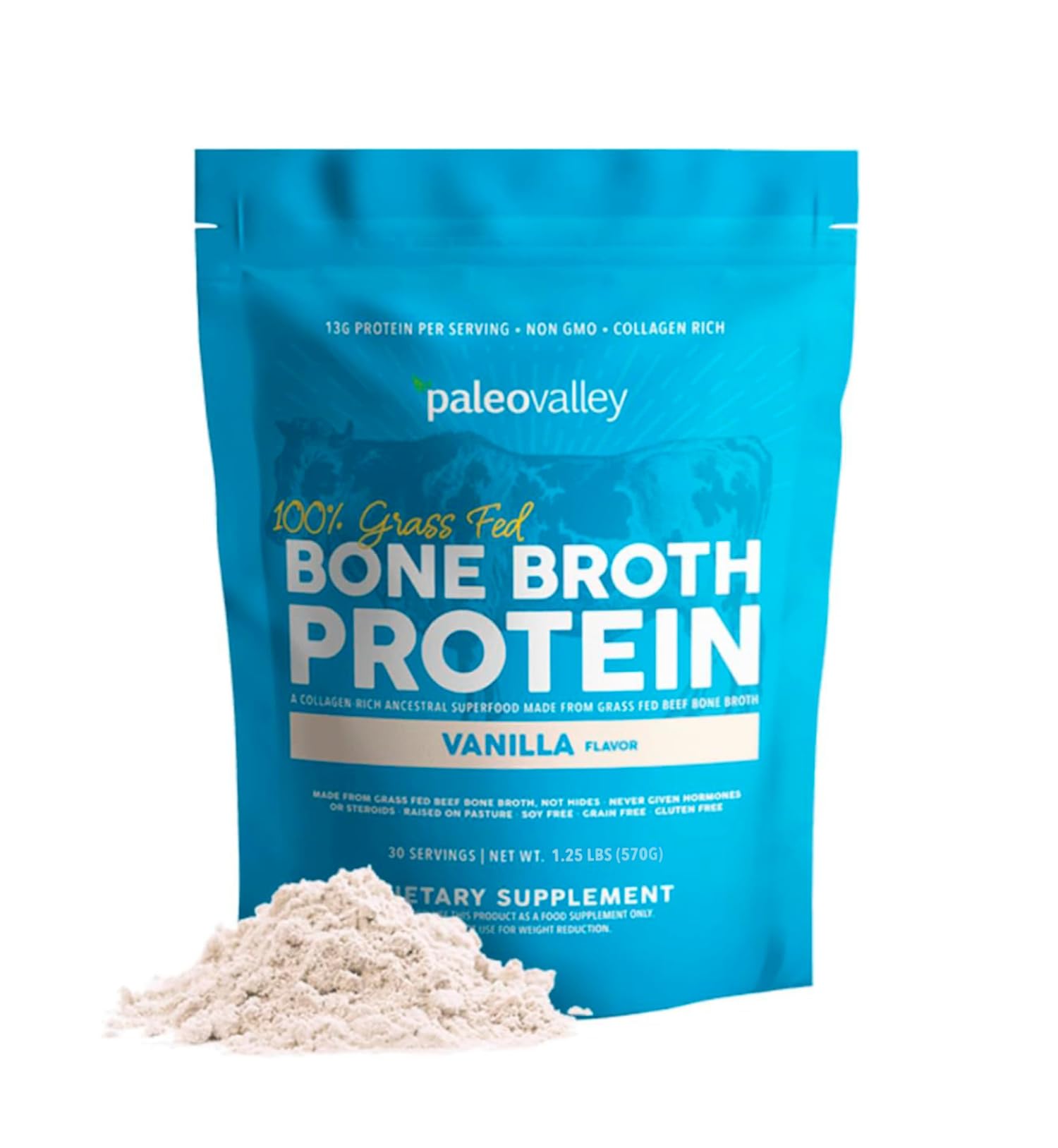 Paleovalley 100% Grass Fed Beef Bone Broth Protein Powder - Rich in Collagen Peptides for Hair, Skin, Gut Health, Bone and Joint Support - 13g Protein Per Serving - No Gluten or GMOs - Vanilla