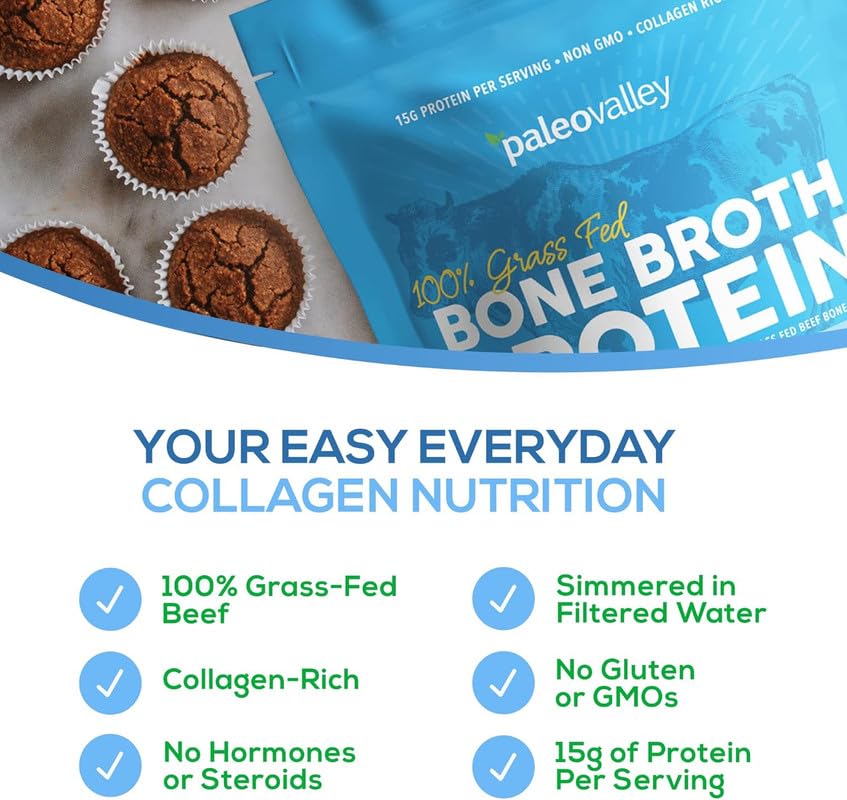 Paleovalley 100% Grass Fed Beef Bone Broth Protein Powder - Rich in Collagen Peptides for Hair, Skin, Gut Health, Bone and Joint Support - 13g Protein Per Serving - No Gluten or GMOs - Vanilla