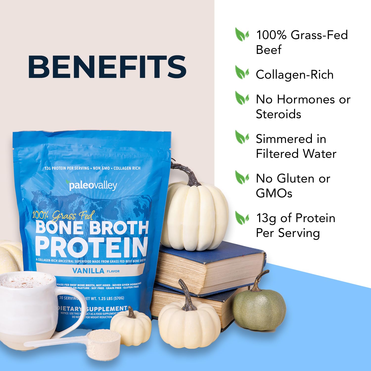 Paleovalley 100% Grass Fed Beef Bone Broth Protein Powder - Rich in Collagen Peptides for Hair, Skin, Gut Health, Bone and Joint Support - 13g Protein Per Serving - No Gluten or GMOs - Vanilla