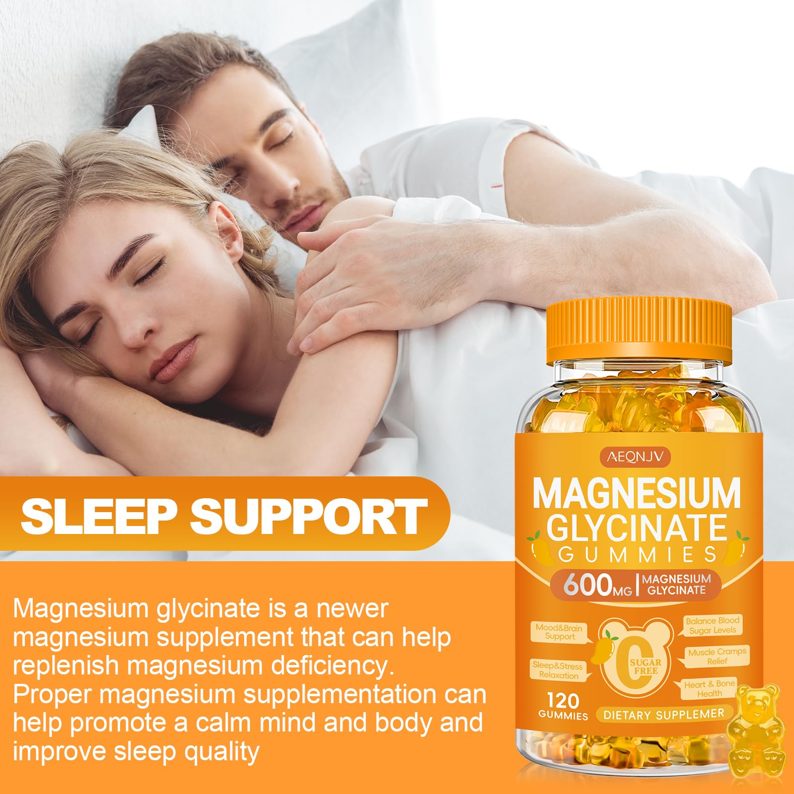 Magnesium Glycinate Gummies 600mg, Chewable Sugar Free Potassium Magnesium Gummies with Magnesium Glycinate, Vitamin D, B6 and CoQ10 for Sleep, Relaxation, Brain & Muscle, 120 Count