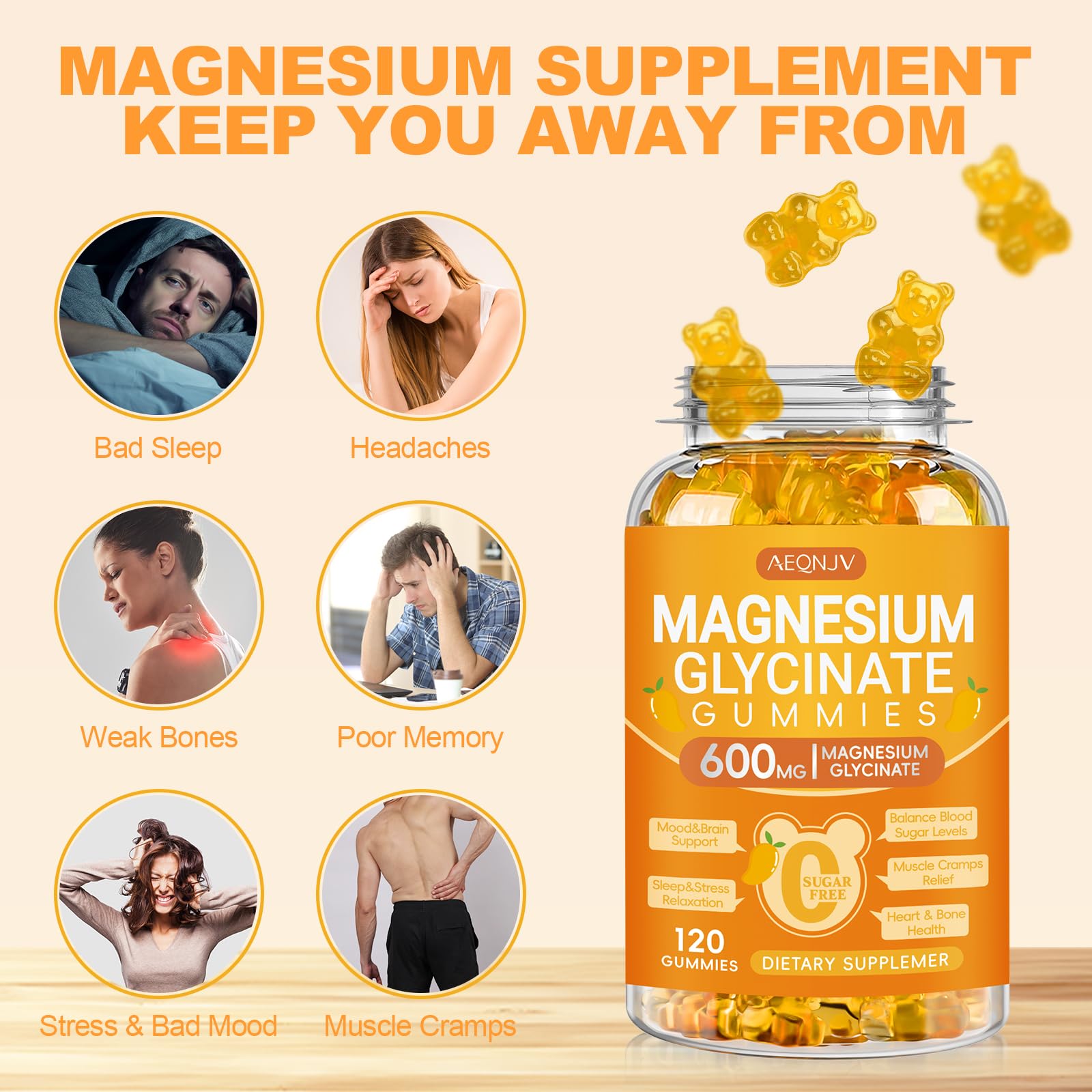 Magnesium Glycinate Gummies 600mg, Chewable Sugar Free Potassium Magnesium Gummies with Magnesium Glycinate, Vitamin D, B6 and CoQ10 for Sleep, Relaxation, Brain & Muscle, 120 Count