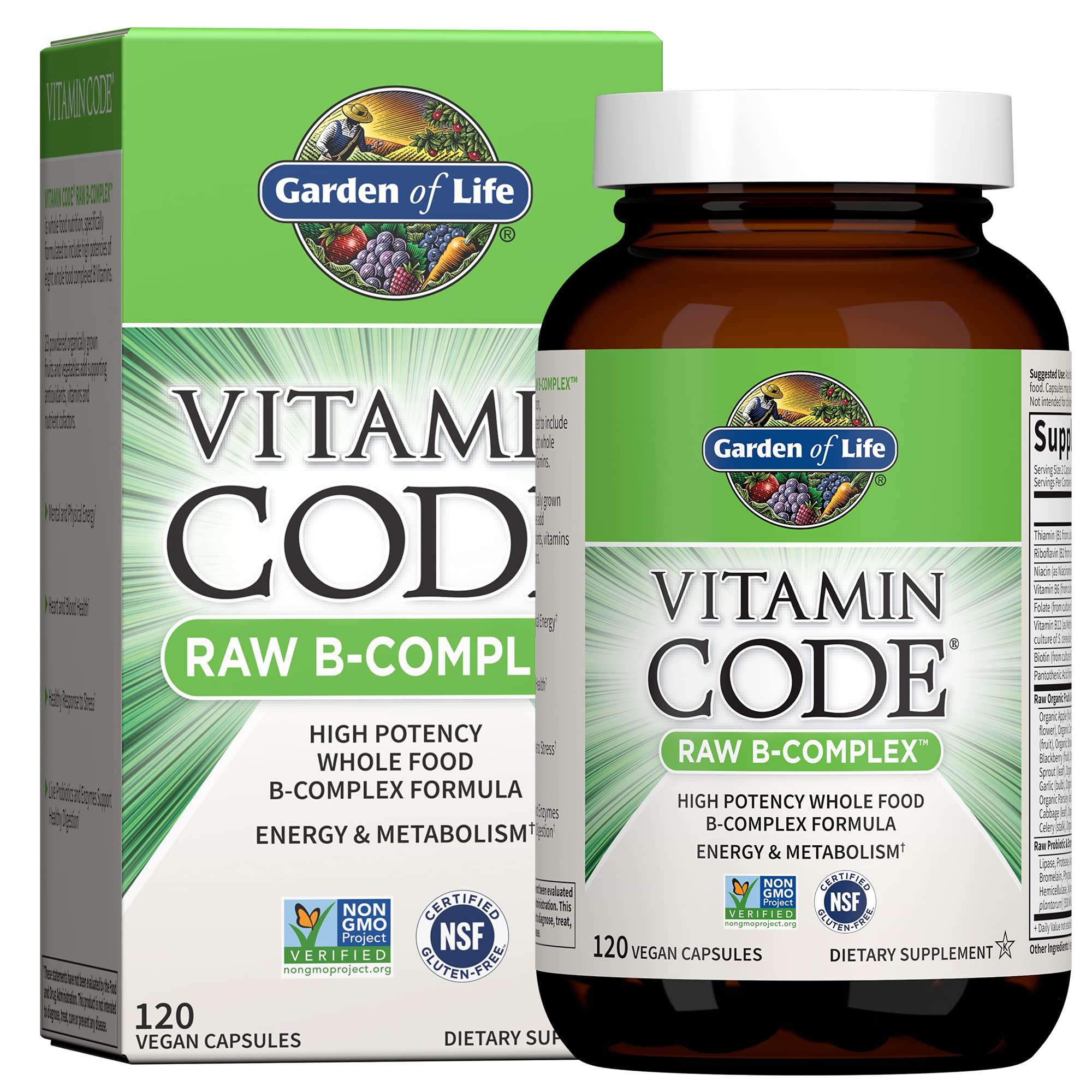 Garden of Life Vitamin B Complex, 120 Vegan Capsules, High Potency Vitamins for Energy & Metabolism with B6, Folate & B12 as Methylcobalamin Plus Probiotics
