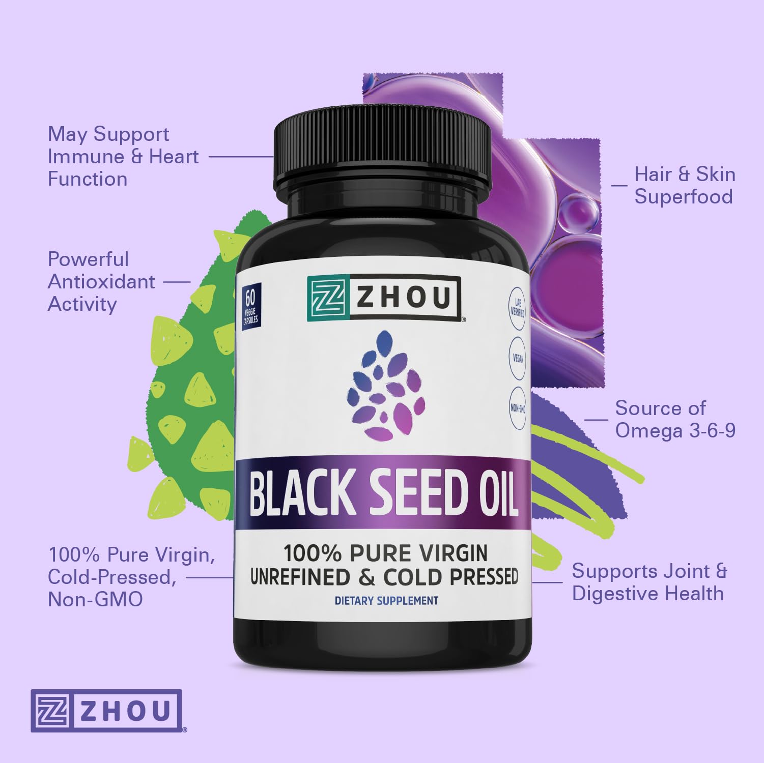ZHOU Black Seed Oil Capsules - Black Cumin Seed Oil Cold Pressed, Nigella Sativa, Pure Unrefined Blackseed, Premium Supplement for Health, Hair & Skin w/Thymoquinone - 60 Capsules (Pack of 1)