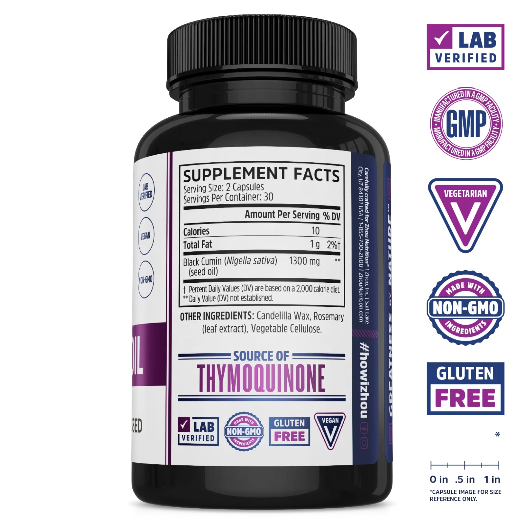 ZHOU Black Seed Oil Capsules - Black Cumin Seed Oil Cold Pressed, Nigella Sativa, Pure Unrefined Blackseed, Premium Supplement for Health, Hair & Skin w/Thymoquinone - 60 Capsules (Pack of 1)