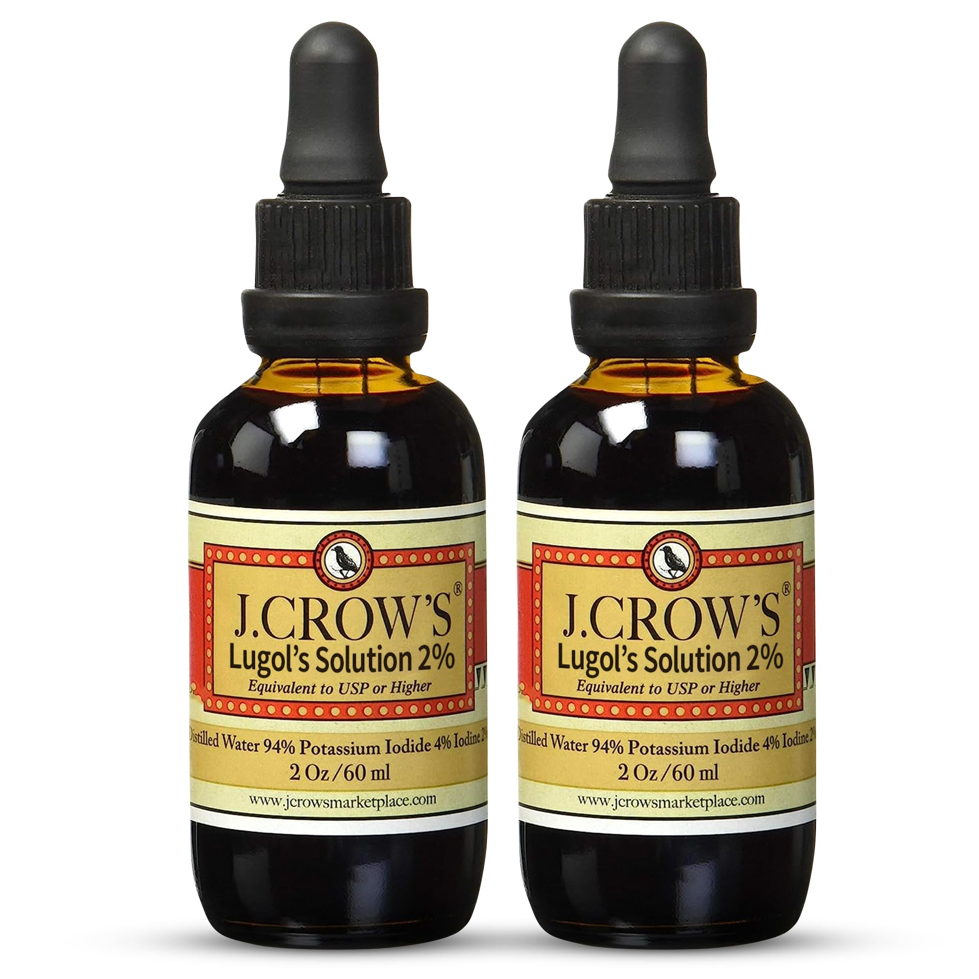 J.CROW'S® Lugol's Solution of Iodine 2% 2 oz (2 Bottle) – Premium Iodine & Potassium Iodide Liquid, Gluten &, Alcohol-Free Natural Brine Extract, No Expiration