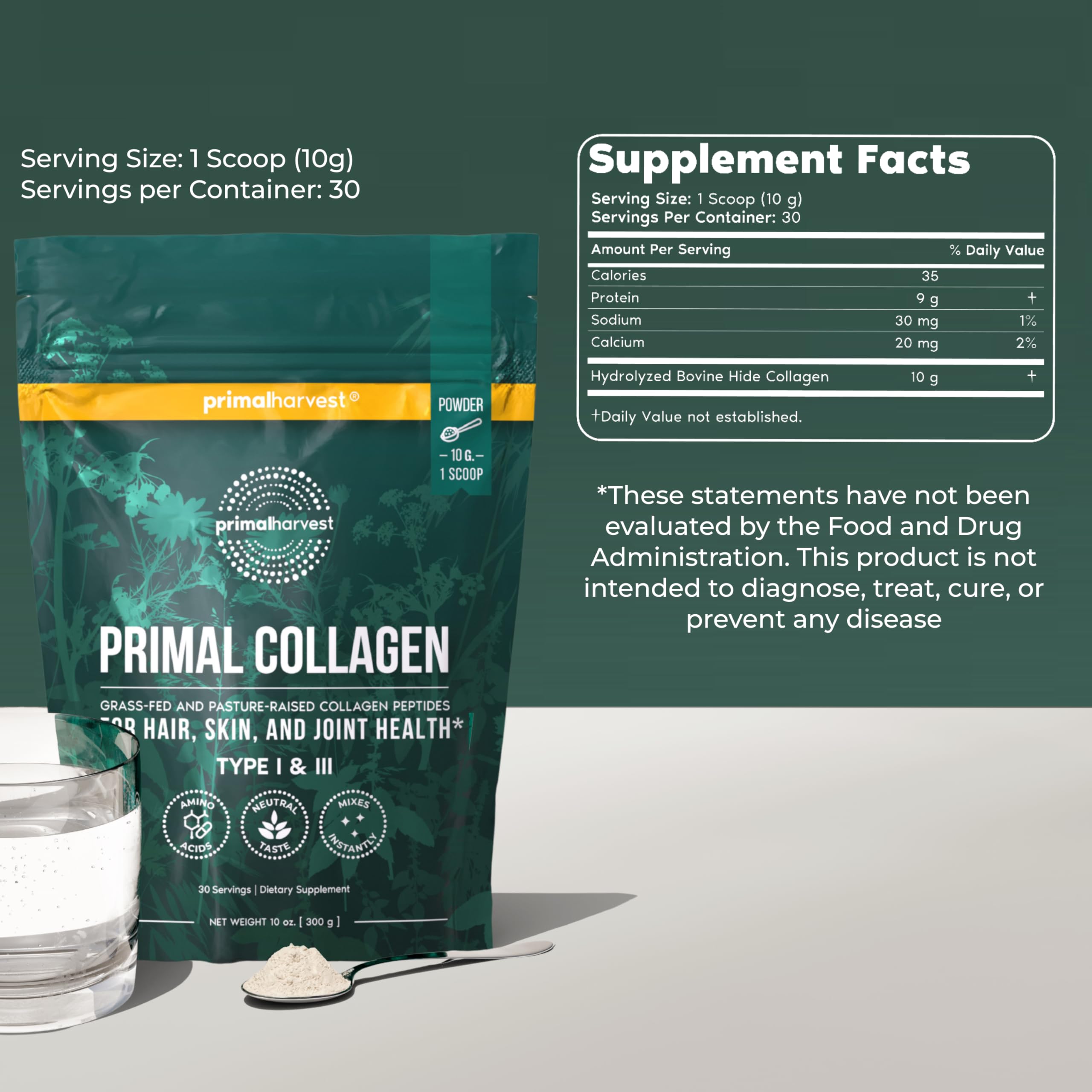 Primal Harvest Collagen Powder for Women or Men Primal Collagen Peptides Powder Type I & III, 10 Oz Collagen Protein Powder for Hair, Skin, Nails (Two Pack, Unflavored)