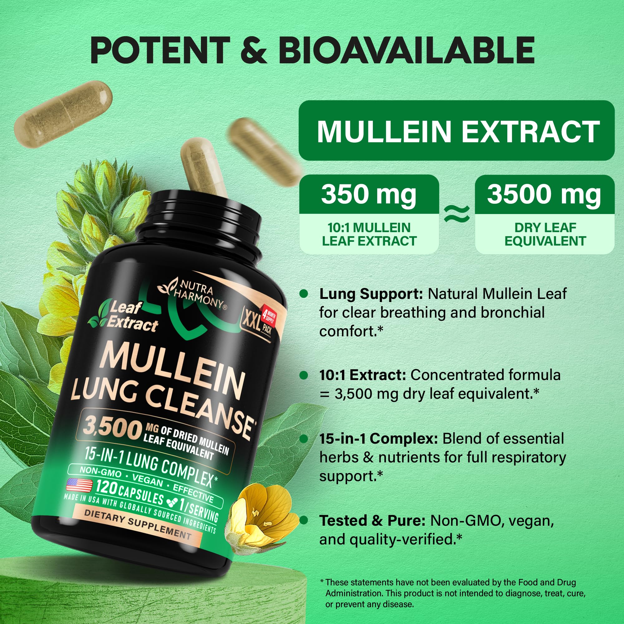 Mullein Leaf Extract for Lung Detox - Marshmallow Root | Echinacea | Oregano | Quercetin | NAC - 15-in-1 Lung Support & Cleanse for Smokers Supplement - Made in USA - As Drops, Tincture - 120 Capsules