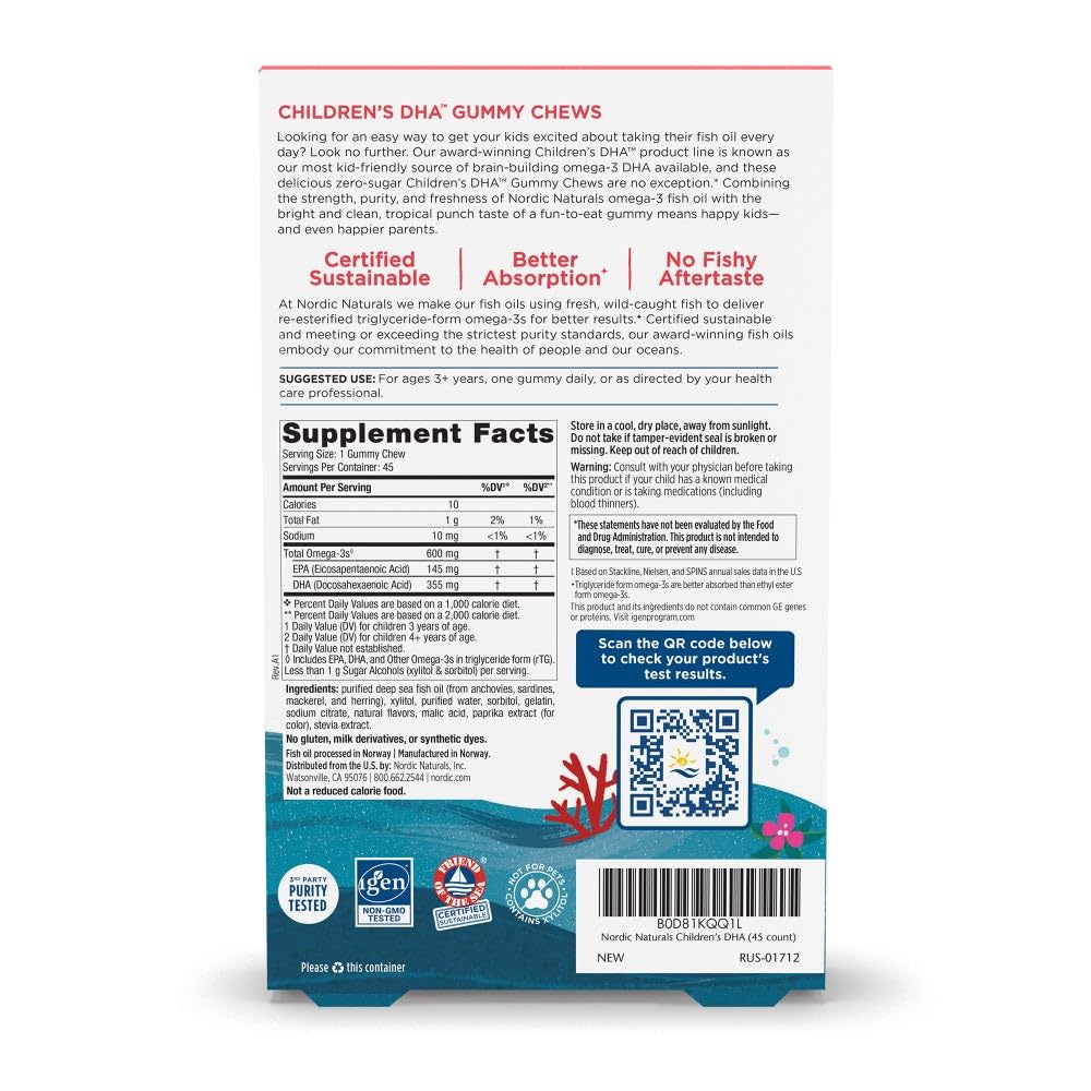 Nordic Naturals Zero Sugar Children’s DHA Gummy Chews, Tropical Punch - 45 Gummy Chews for Kids - 600 mg Total Omega-3s - Brain Development, Learning, Healthy Immunity - Non-GMO - 45 Servings