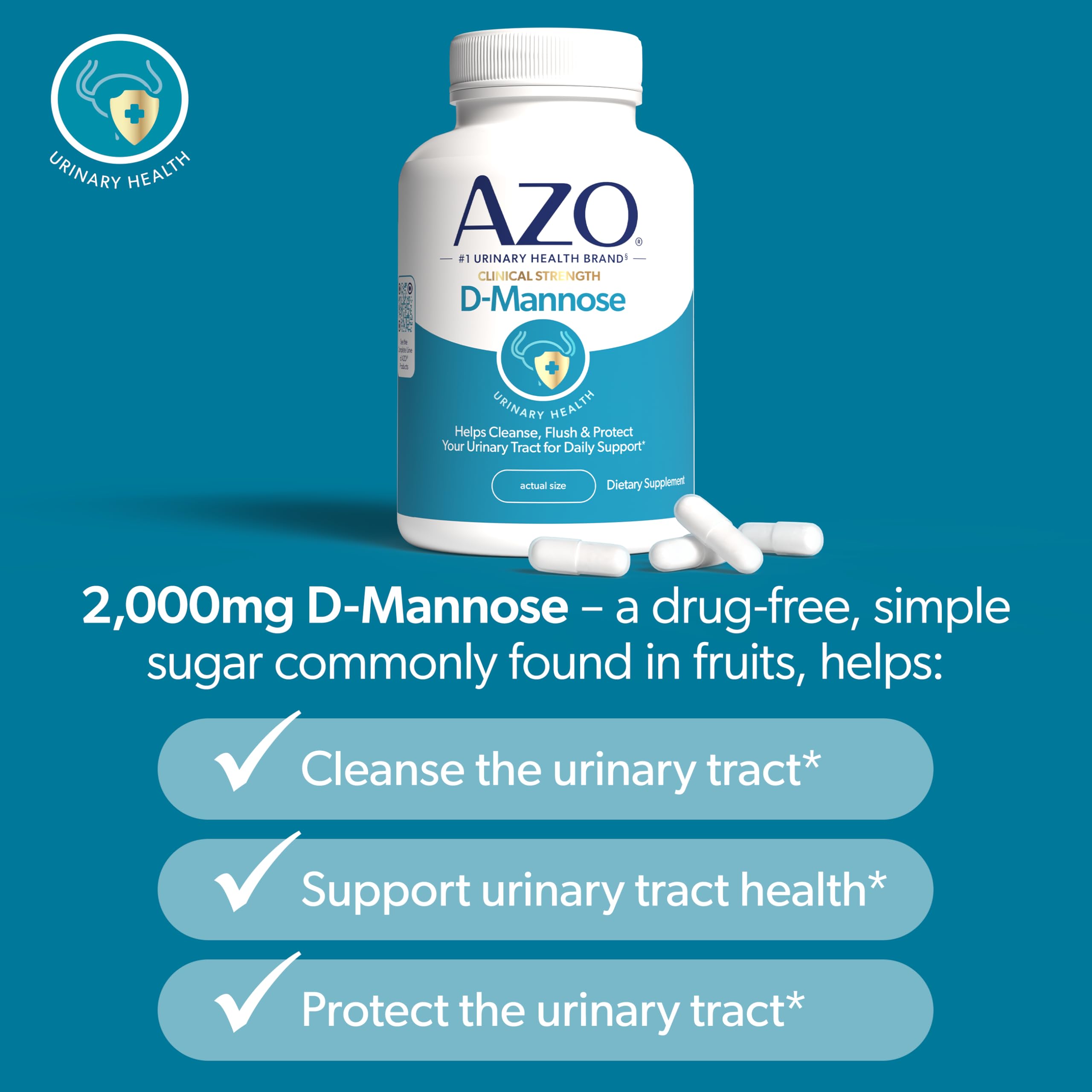 AZO D Mannose Urinary Tract Health, Cleanse, Flush & Protect The Urinary Tract, No.1 Pharmacist Recommended Brand, Clinical Strength, Non-GMO, 120 Count