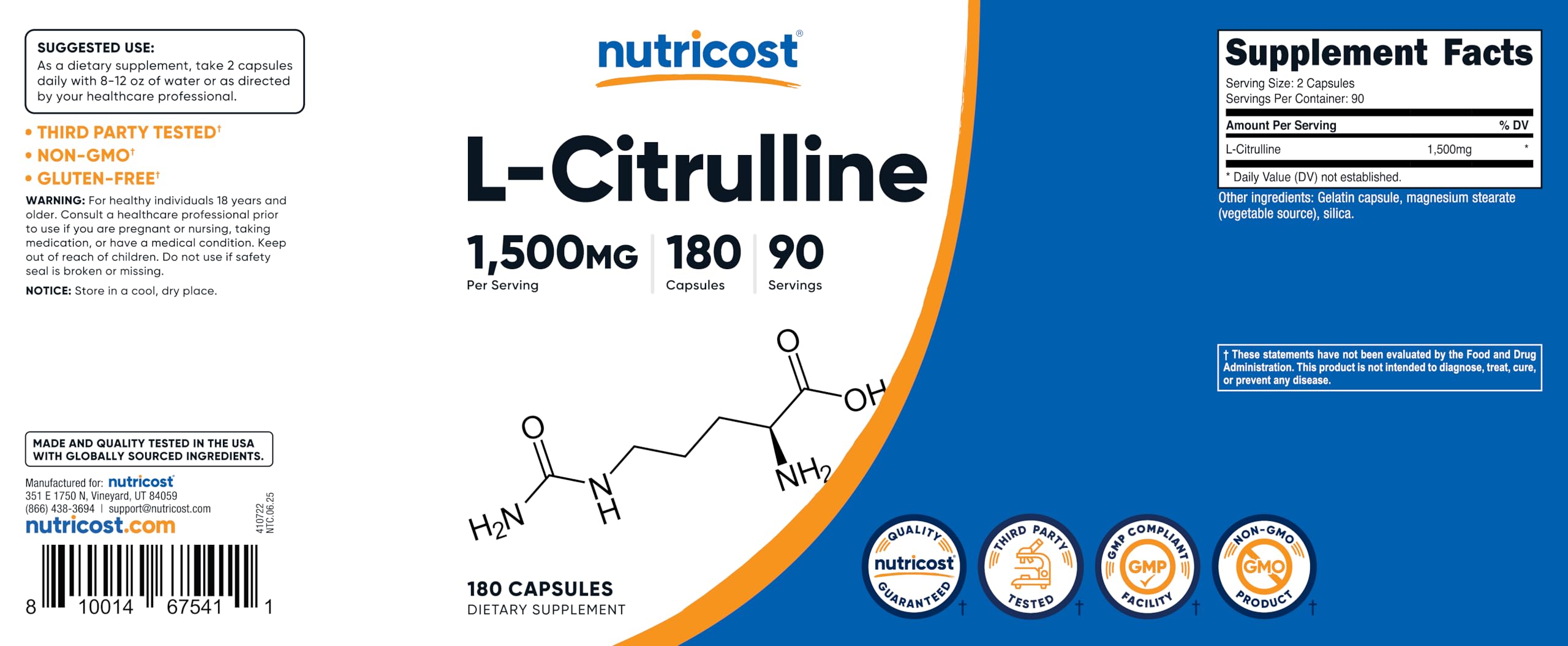 Nutricost L-Citrulline 1500mg, 180 Capsules - 750mg Per Capsule, Gluten Free, Non-GMO, Packaging May Vary