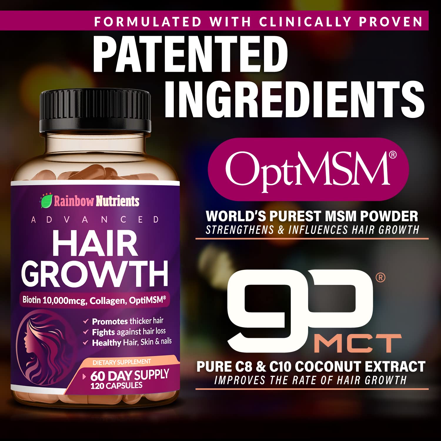 (2 Pack) Hair Growth Vitamins for Women | Biotin 10,000mcg, Collagen, Patented OptiMSM®, goMCT®, Saw Palmetto | Naturally Regrow Stronger & Healthier Hair, Skin and Nails | May Stop Hair Loss
