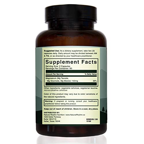 Natural Rhythm Triple Calm Magnesium 150 mg - 2 Pack – Magnesium Supplement with Magnesium Glycinate, Malate, and Taurate. Calming Blend for Promoting Rest and Relaxation - 120 Count Bottles