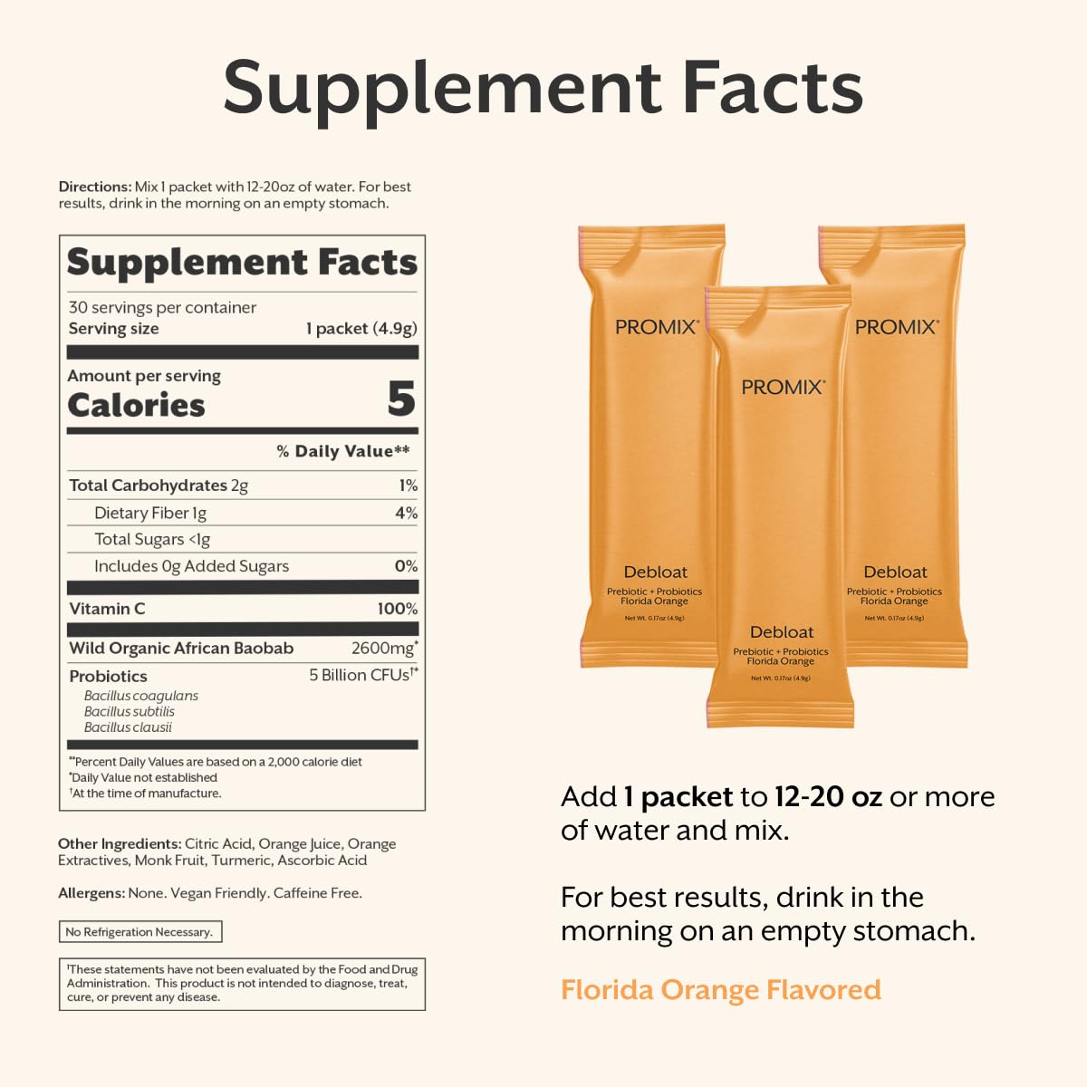 ProMix Nutrition Debloat Prebiotics and Probiotics with Baobab - Rich in Vitamin C, Bloating Relief, Immune Support - Orange - 30 Servings (Pack of 30)