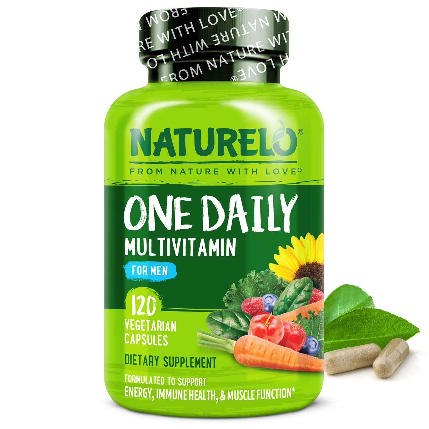 NATURELO Mens Multivitamins - One Daily Multivitamin for Men with Vitamins, Minerals & Organic Whole Foods, Boost Energy & Health, Non-GMO, 120 Vegetarian Capsules