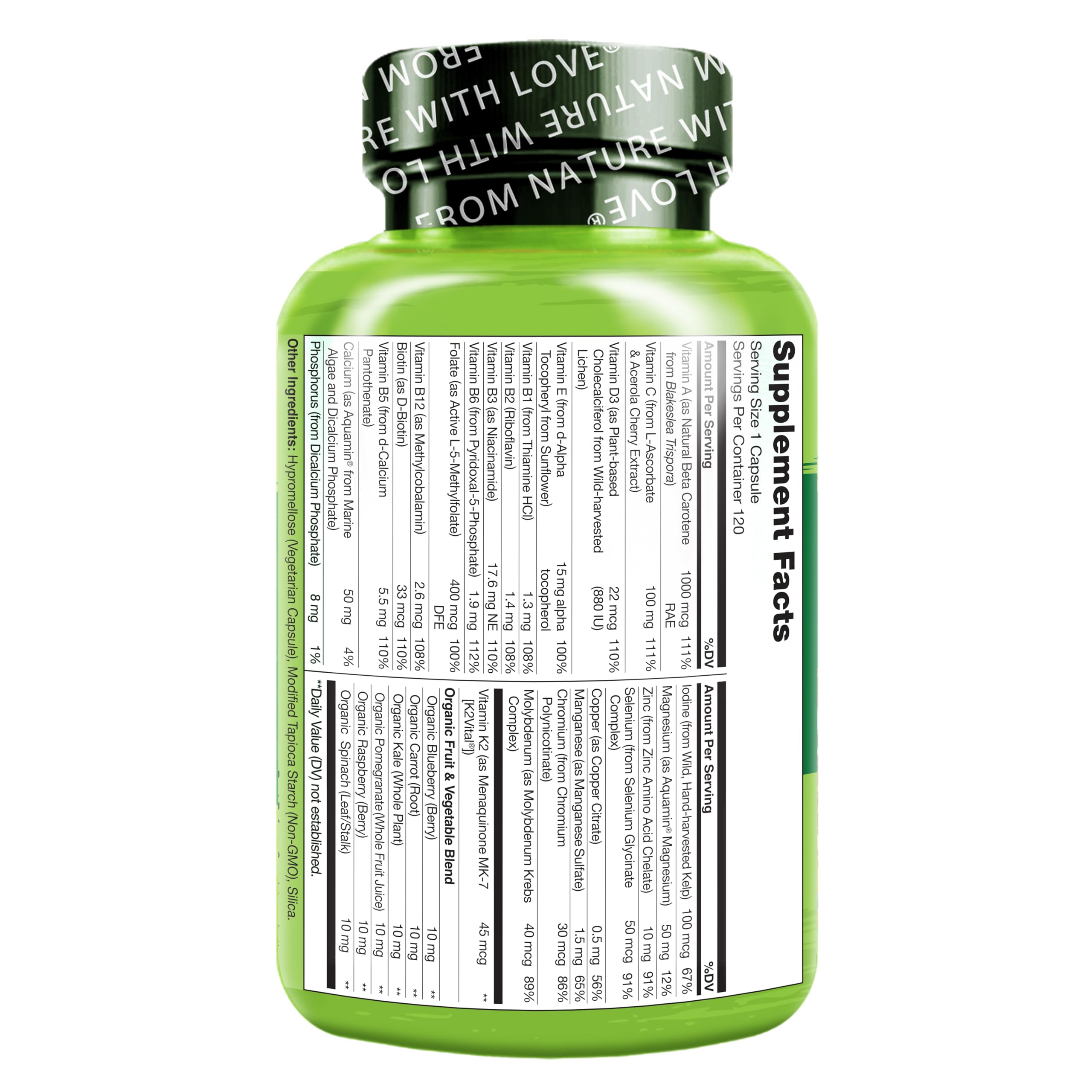 NATURELO Mens Multivitamins - One Daily Multivitamin for Men with Vitamins, Minerals & Organic Whole Foods, Boost Energy & Health, Non-GMO, 120 Vegetarian Capsules