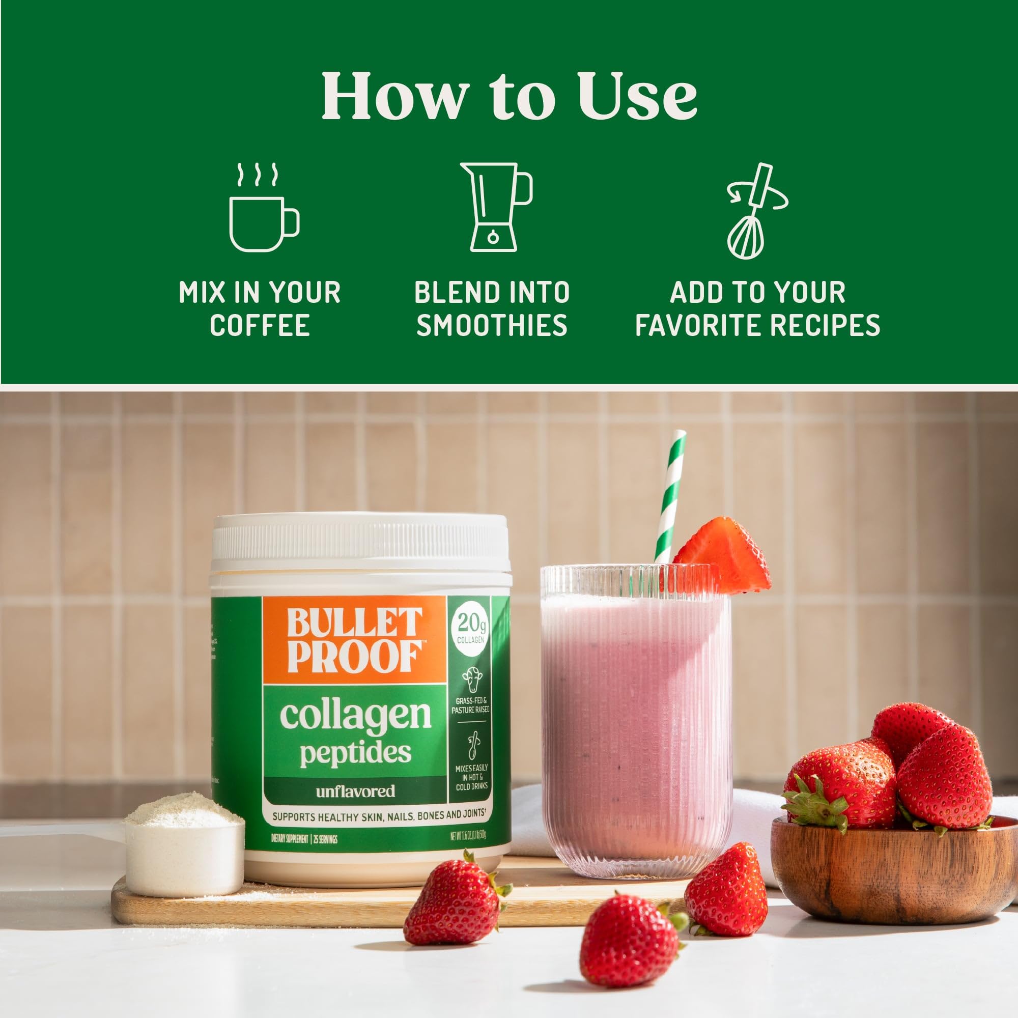 Bulletproof Unflavored Collagen Peptides Powder, 20g Grass-Fed Collagen Protein and Amino Acids for Skin, Bones and Joints, 17.6 Ounces