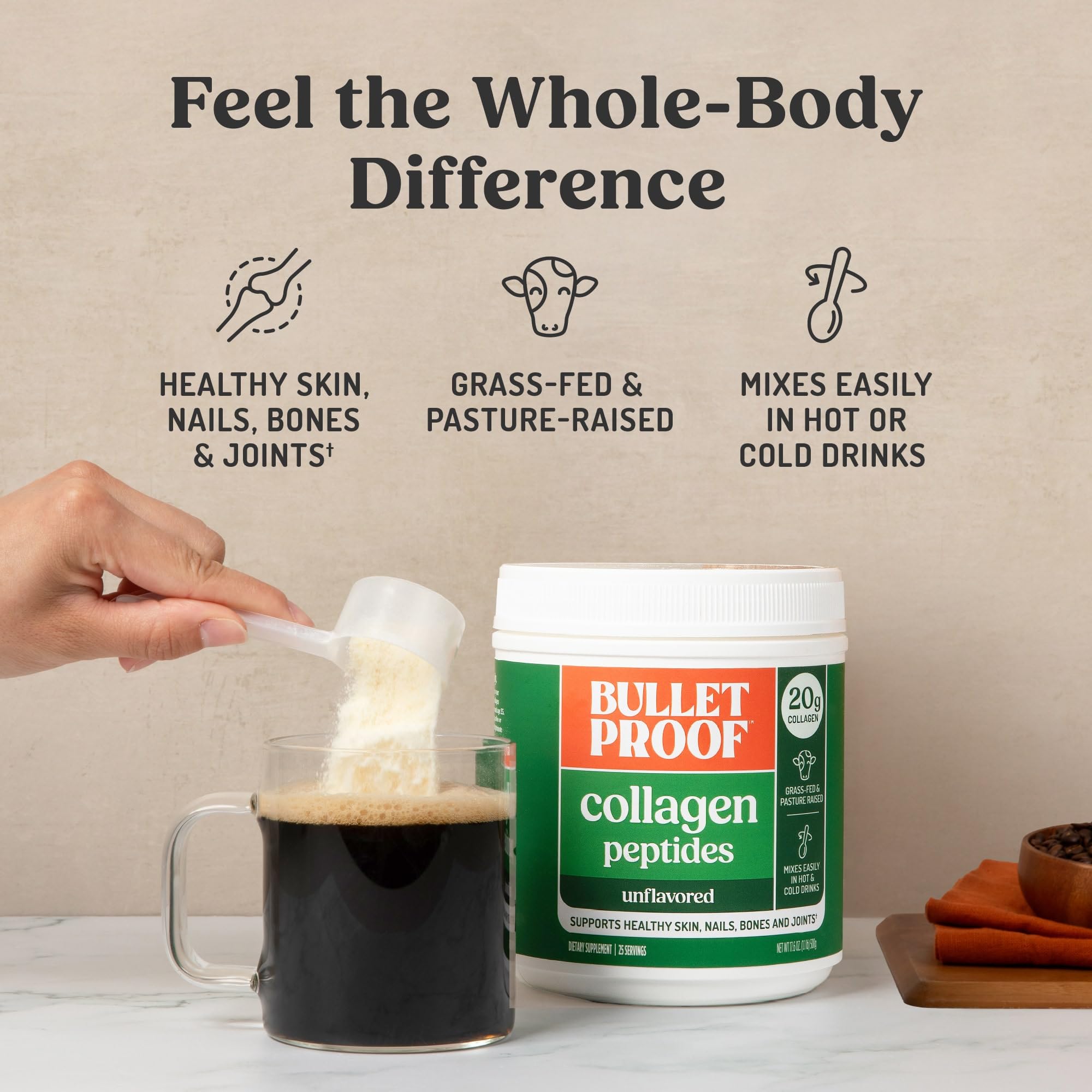 Bulletproof Unflavored Collagen Peptides Powder, 20g Grass-Fed Collagen Protein and Amino Acids for Skin, Bones and Joints, 17.6 Ounces