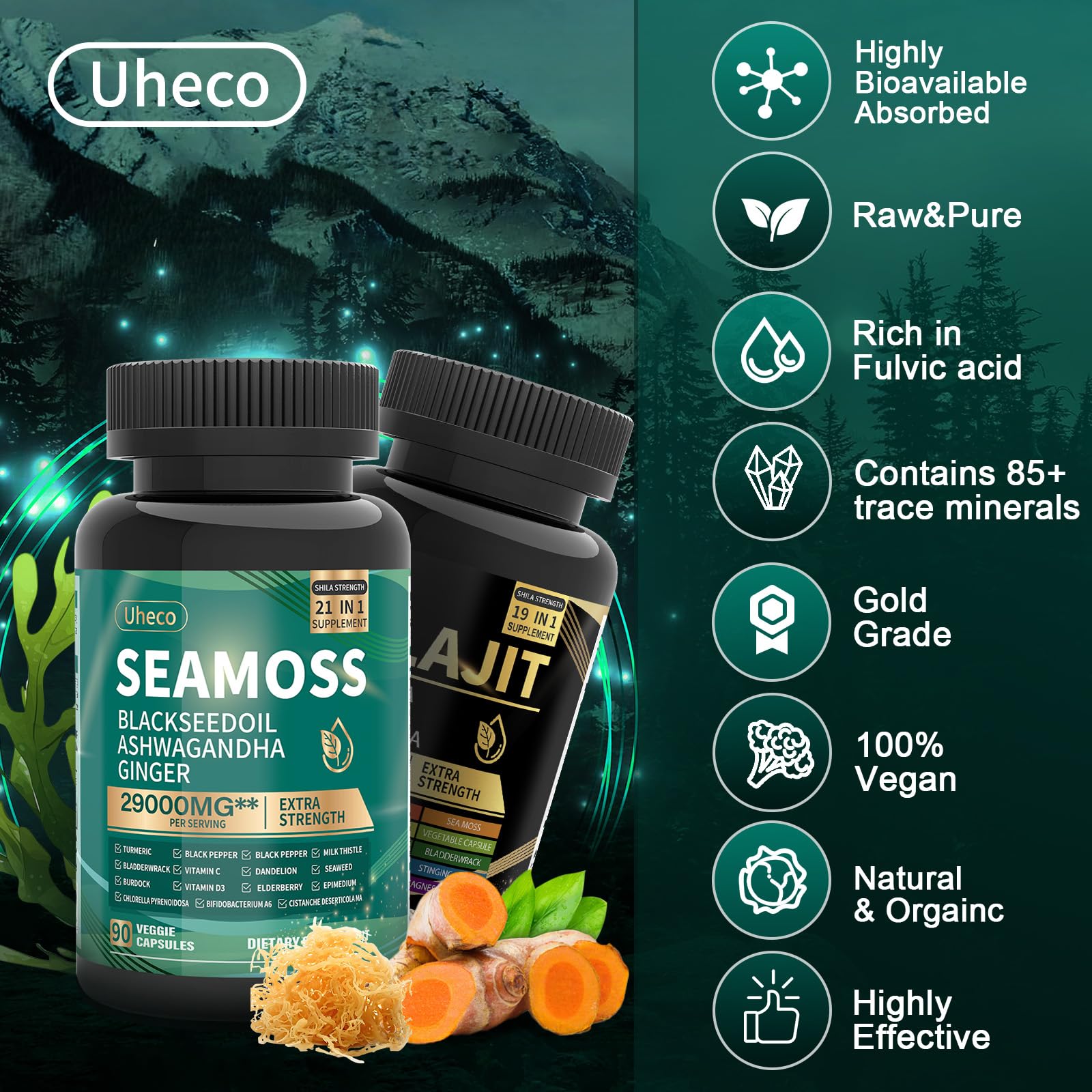 Shilajit and Sea Moss Vitality Bundle, Sea Moss 11000 mg, Shilajit 20000 mg, Black Seed, Ashwagandha, Turmeric, Bladderwrack, Burdock, Tongkat Ali, All in 1 Mineral Supplements