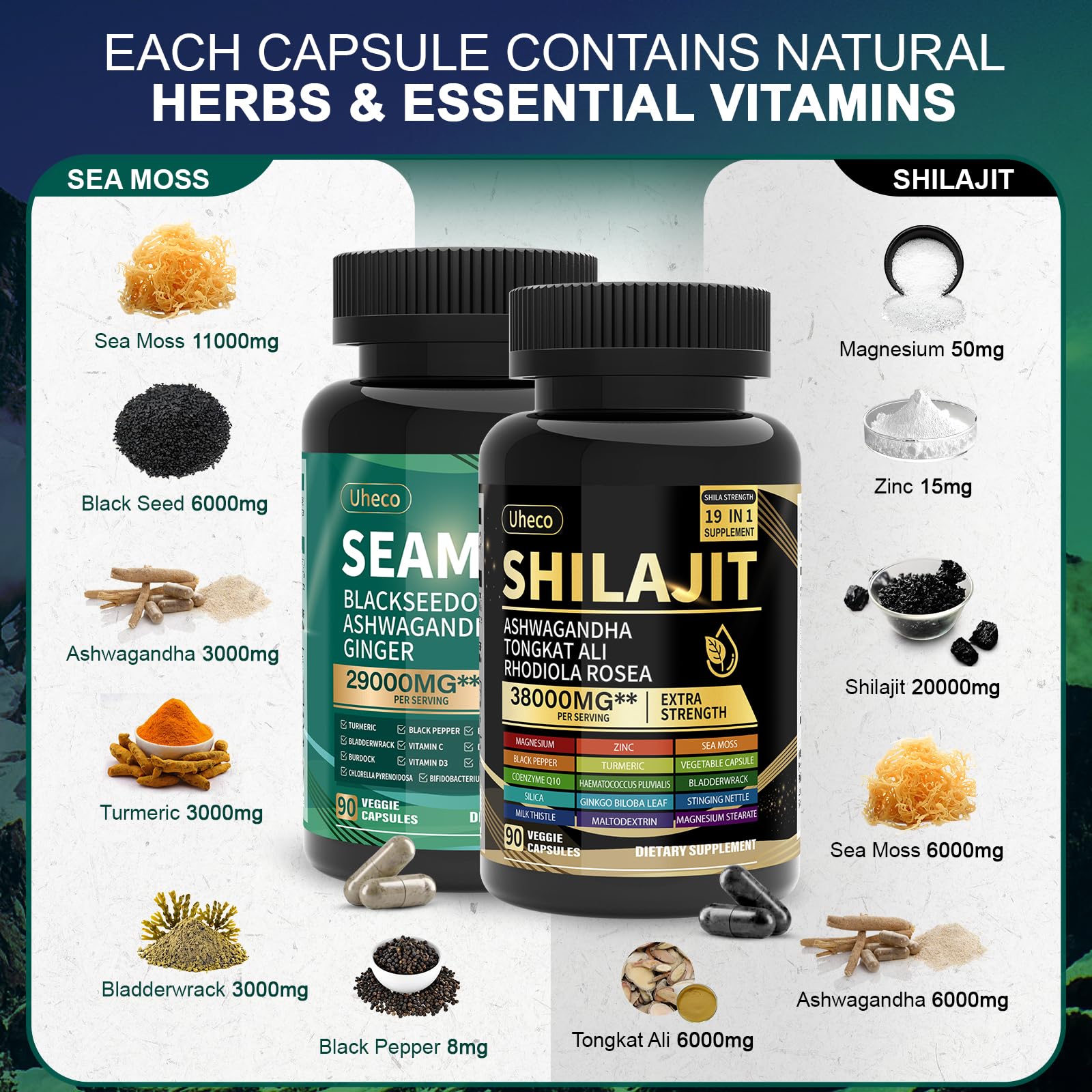 Shilajit and Sea Moss Vitality Bundle, Sea Moss 11000 mg, Shilajit 20000 mg, Black Seed, Ashwagandha, Turmeric, Bladderwrack, Burdock, Tongkat Ali, All in 1 Mineral Supplements