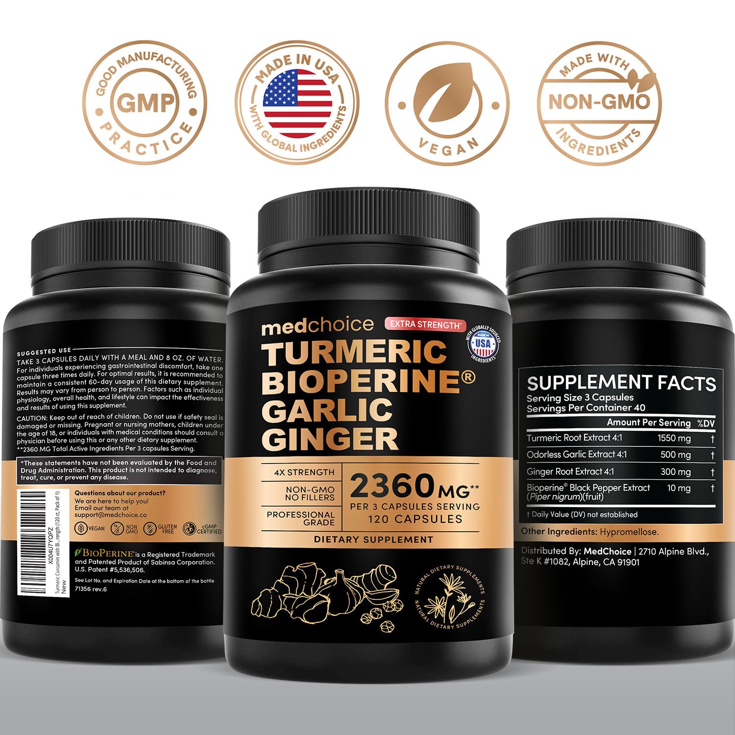 Extra Strength Turmeric Capsules - High-Absorption 2360 mg Curcumin Supplements, Non-GMO Blend for Digestive Comfort & Daily Support - Organic Turmeric Supplement with Black Pepper (240ct, Pack of 2)