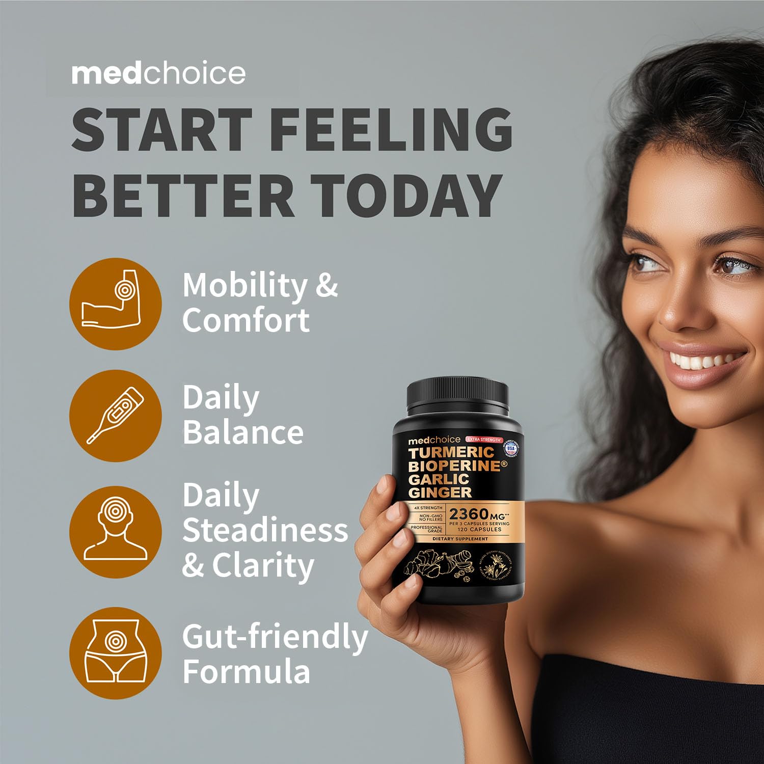 Extra Strength Turmeric Capsules - High-Absorption 2360 mg Curcumin Supplements, Non-GMO Blend for Digestive Comfort & Daily Support - Organic Turmeric Supplement with Black Pepper (240ct, Pack of 2)