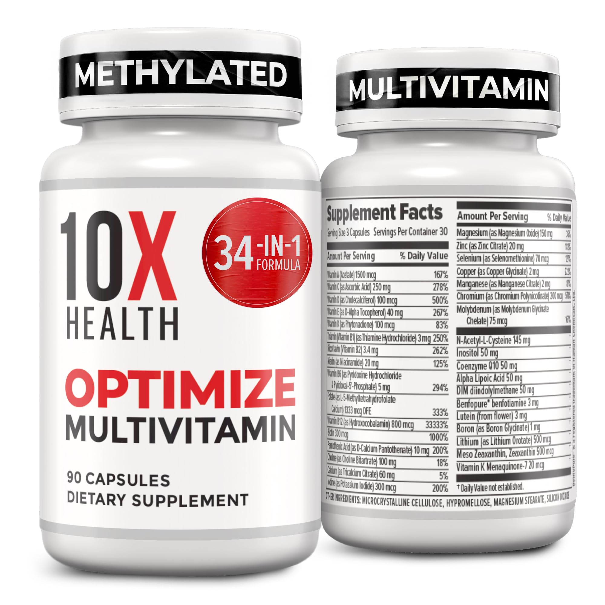 10X Health Optimize Methylated Multivitamin for Men - 90 Capsules, 34 in 1 Formula with 800 mcg of Vitamin B12, 5-MTHF, NAC - Methyl B Complex