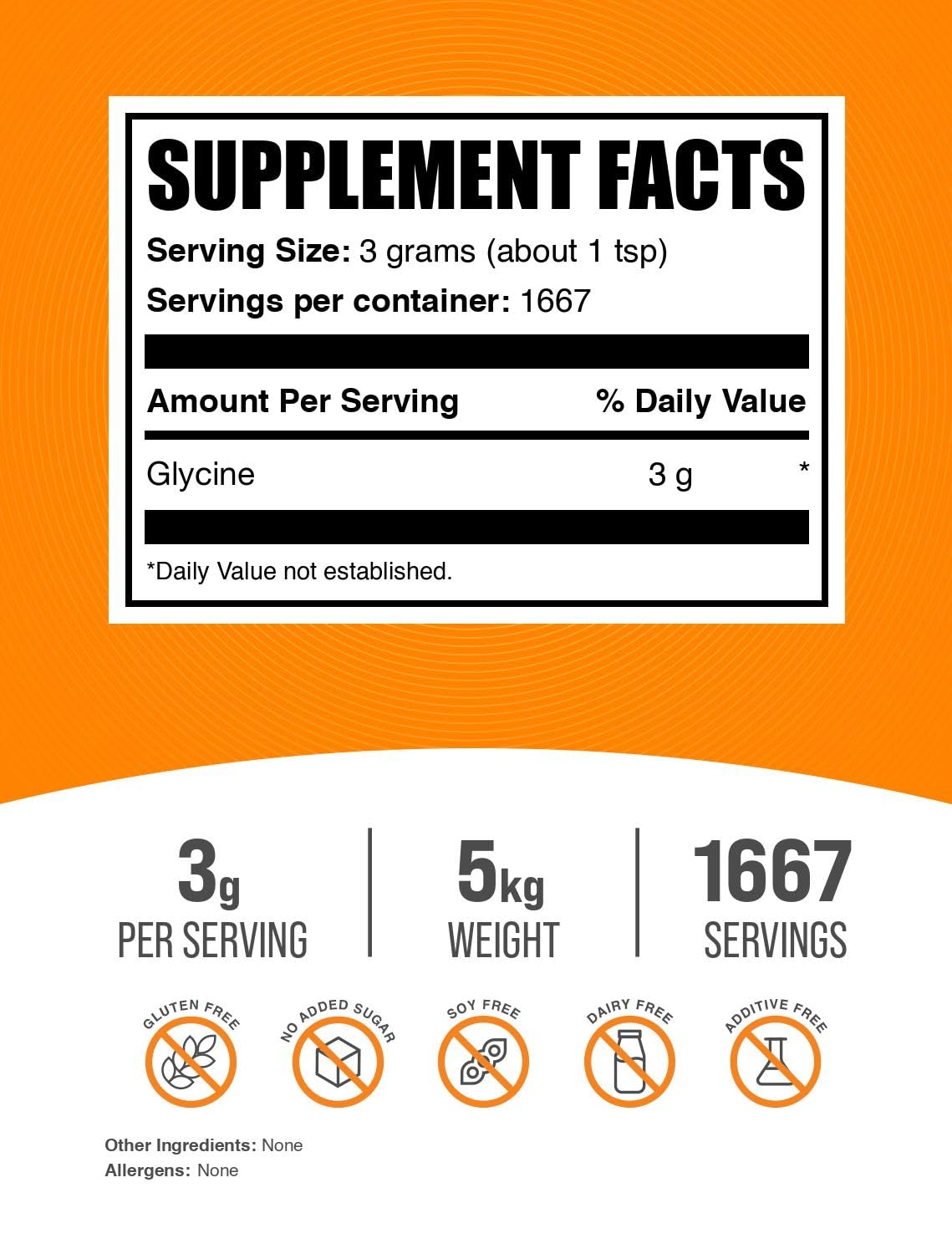 BulkSupplements.com Glycine Powder - Amino Acids Supplement for Liver & Immune Support - Unflavored, Gluten Free - 1000mg per Serving, Pack of 5 (5 Kilograms - 11 lbs)