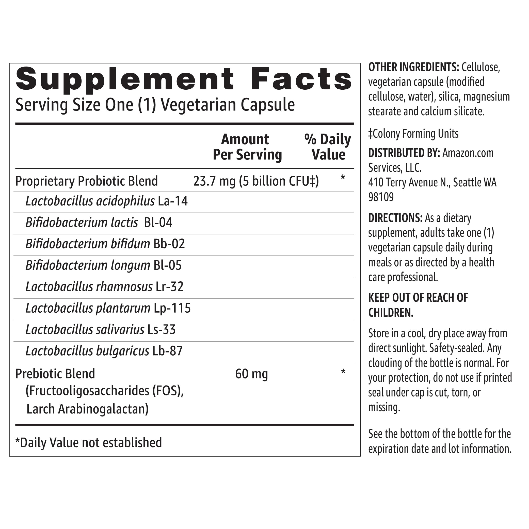Amazon Basics Probiotic 5 Billion CFU, 8 Probiotic strains with 60 mg Prebiotic Blend, 60 Count Vegetarian Capsules, 2 Month Supply, Supports Healthy Digestion (Previously Solimo) (Pack of 2)