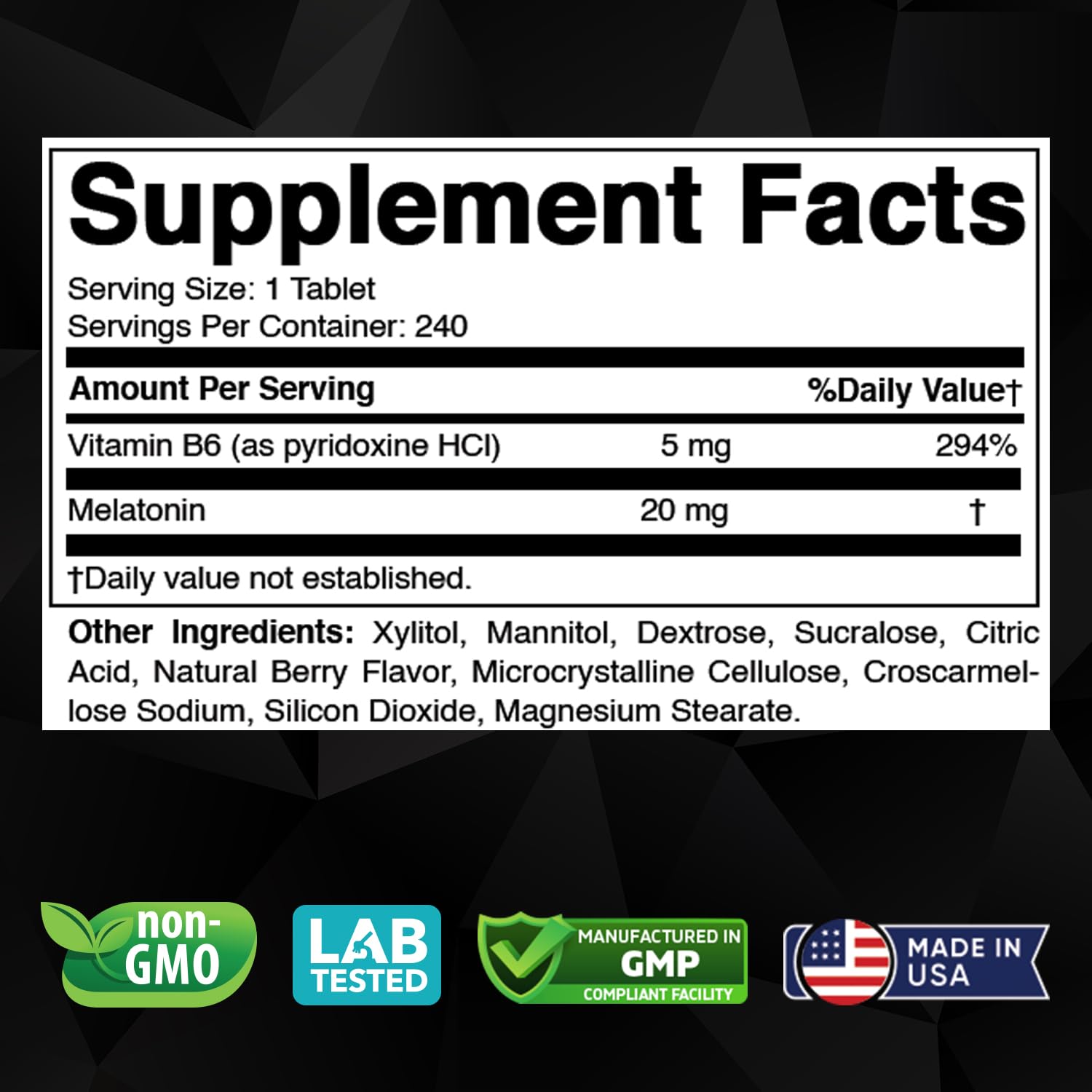 Vitabod Melatonin 20 mg - 240 Fast Dissolve Tablets - Drug Free - Natural Berry Flavor - Vegetarian, Non-GMO, Gluten Free 240 Count (Pack of 2)