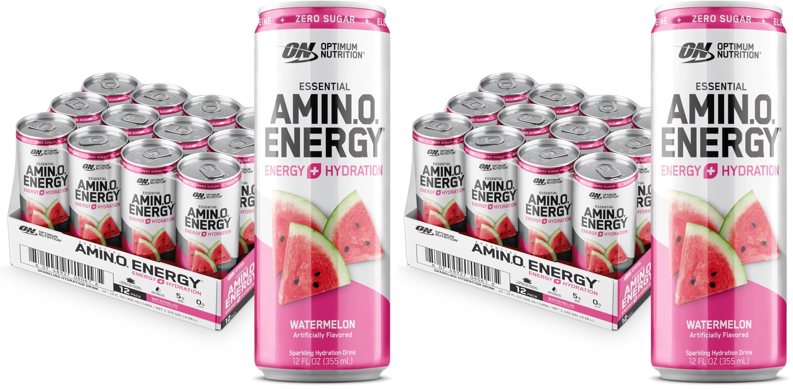 Optimum Nutrition Amino Energy Sparkling Hydration Drink, Electrolytes, Caffeine, Amino Acids, BCAAs, Sugar Free, Watermelon, 12 Fl Oz, (Packaging May Vary),12 Count (Pack of 2)